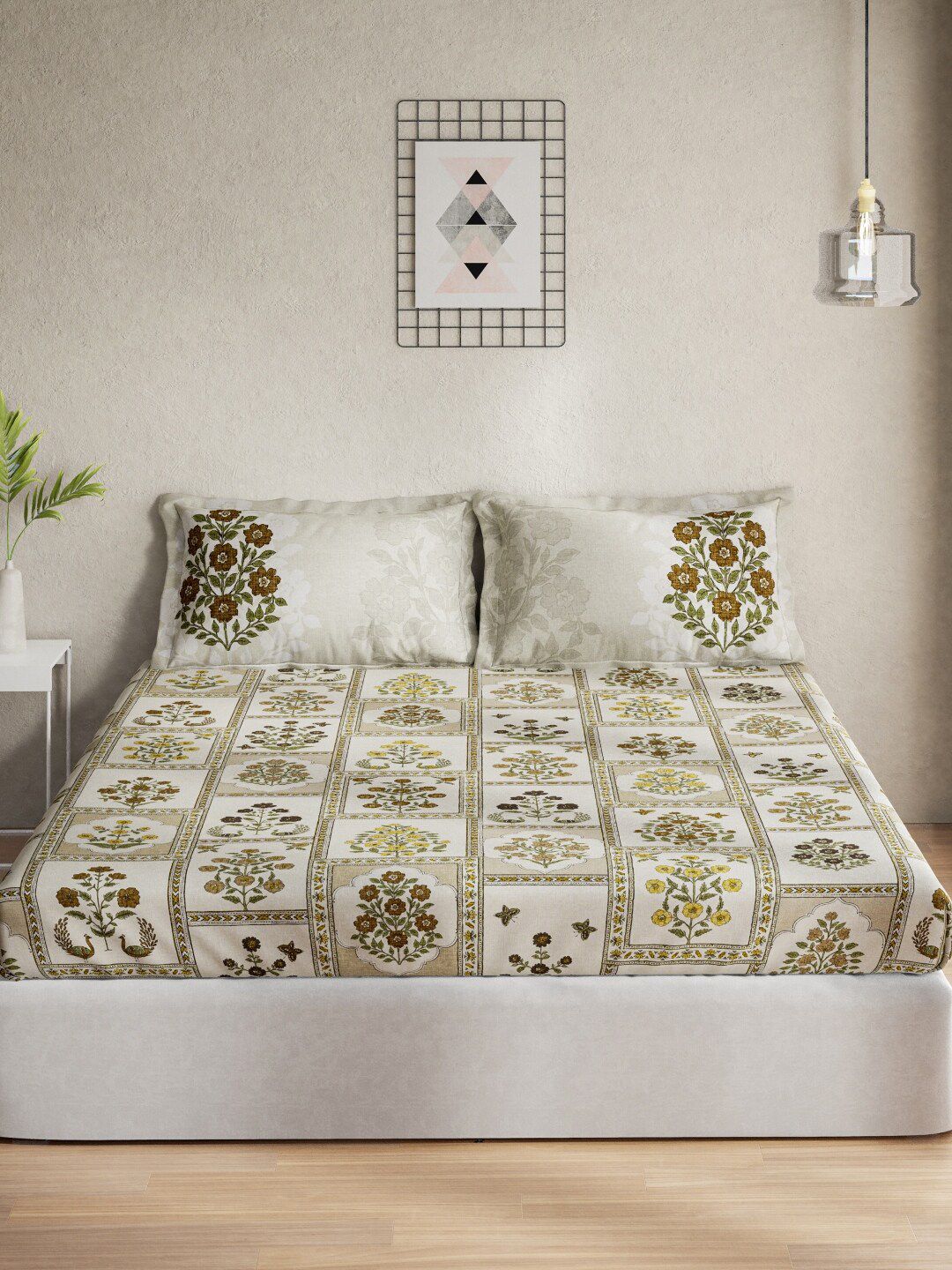 DDecor Beige & Brown Ethnic Motifs 140 TC Queen Bedsheet with 2 Pillow Covers Price in India