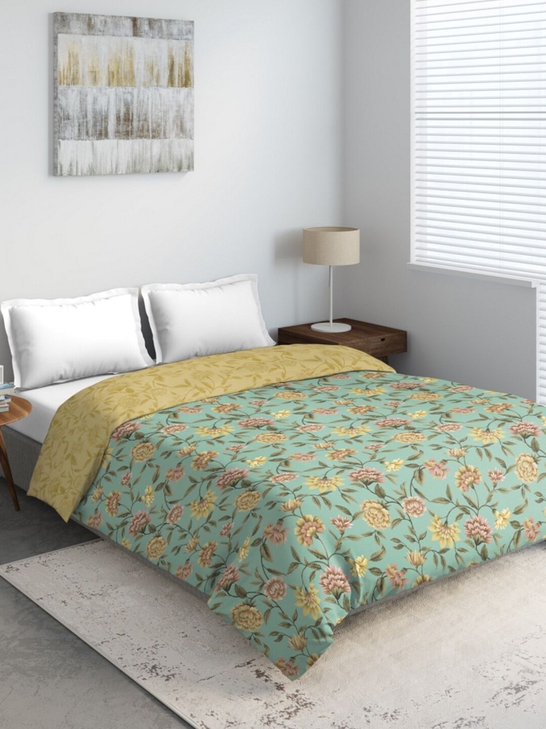 DDecor Turquoise Blue & Yellow Floral Printed Mild Winter 210 GSM Double Bed Comforter Price in India