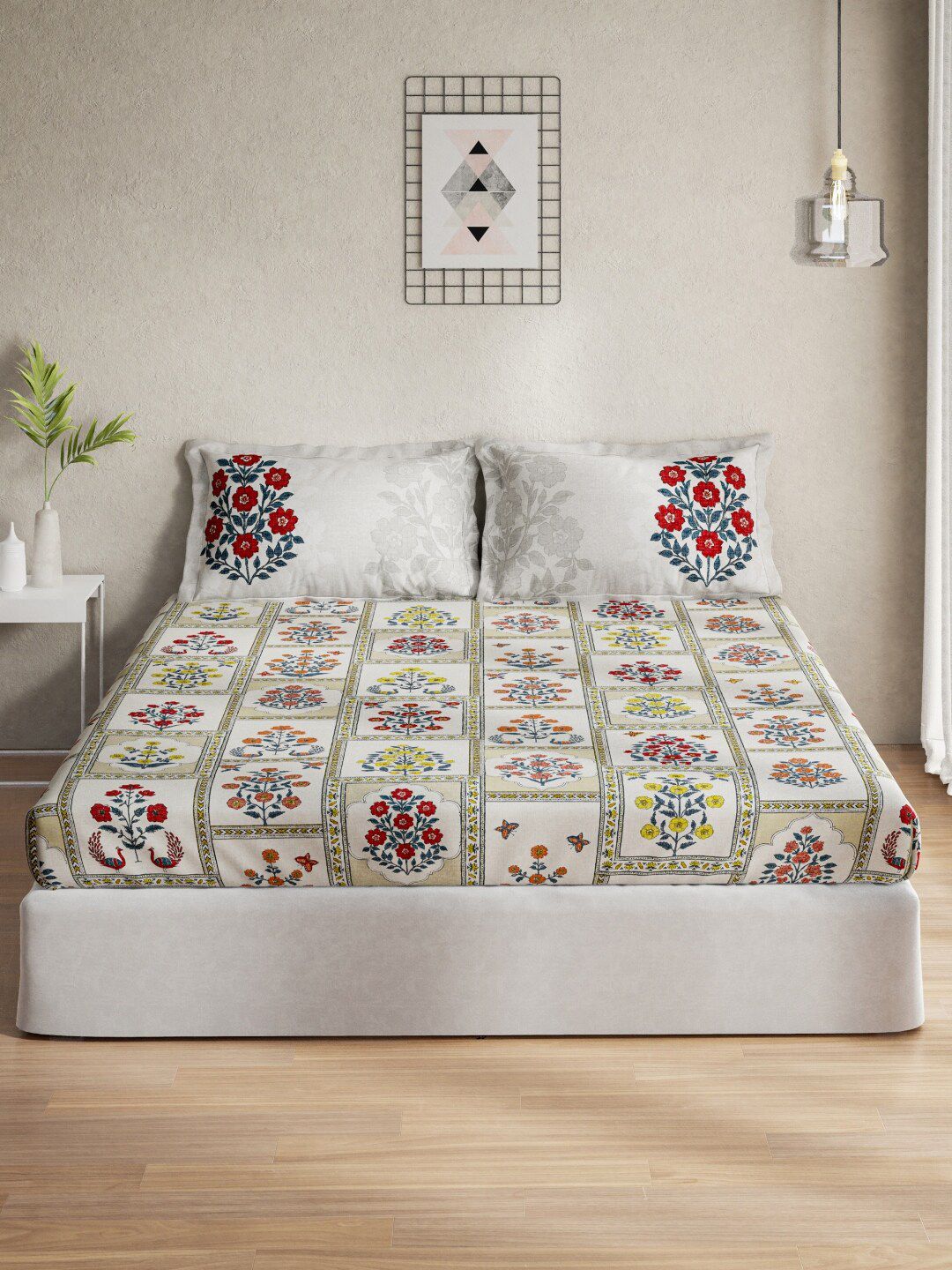 DDecor Beige & Red Ethnic Motifs 140 TC Queen Bedsheet with 2 Pillow Covers Price in India