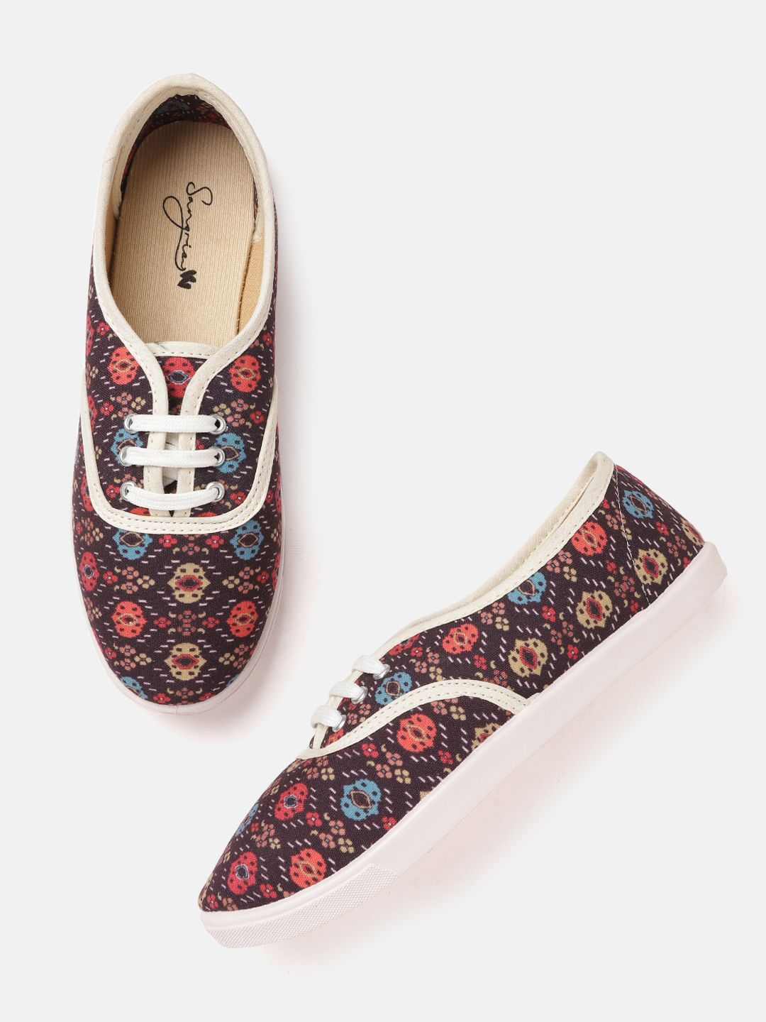 Sangria Women Coffee Brown & Red Printed Sneakers Price in India