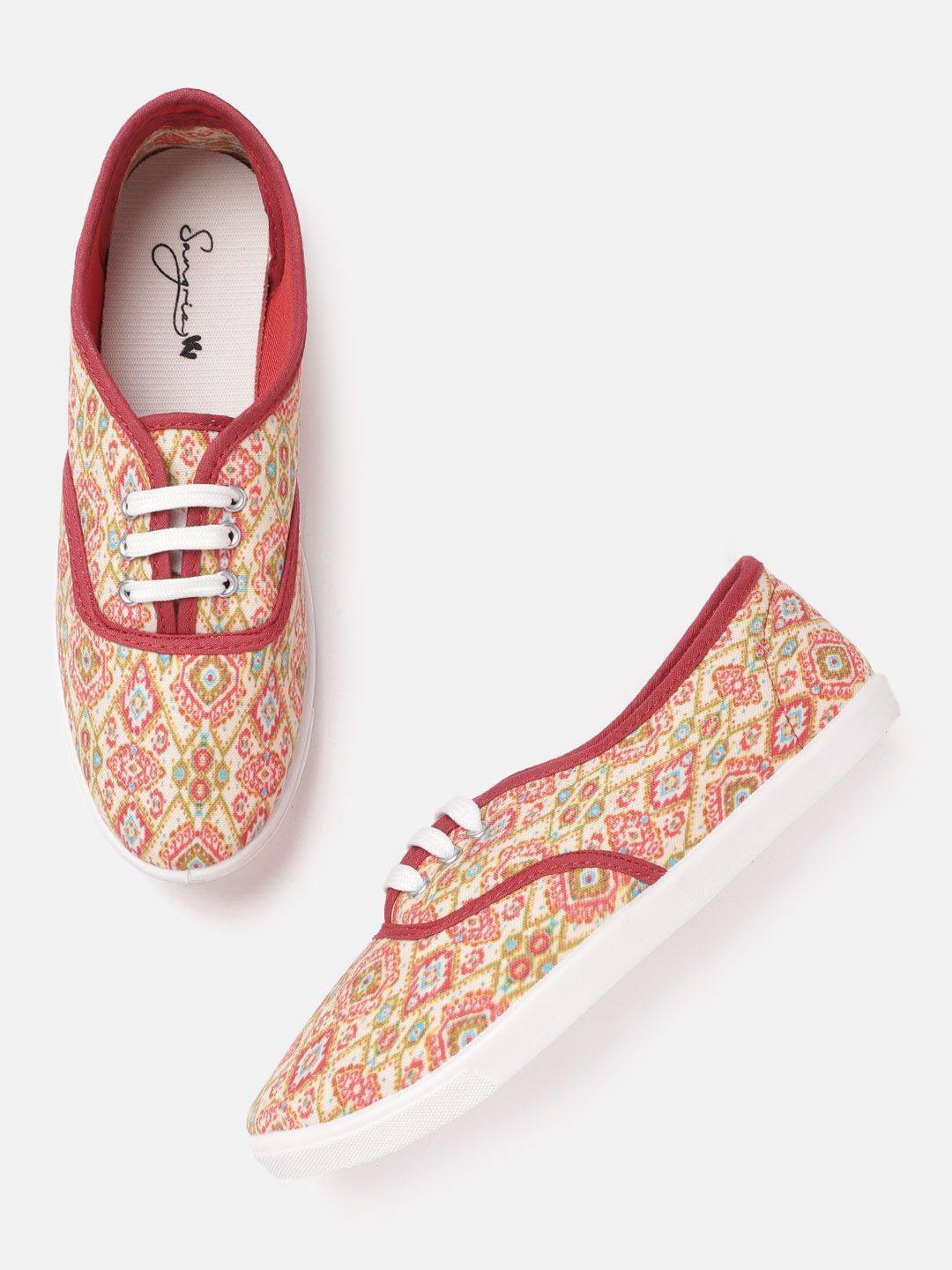 Sangria Women Off White & Red Printed Sneakers Price in India