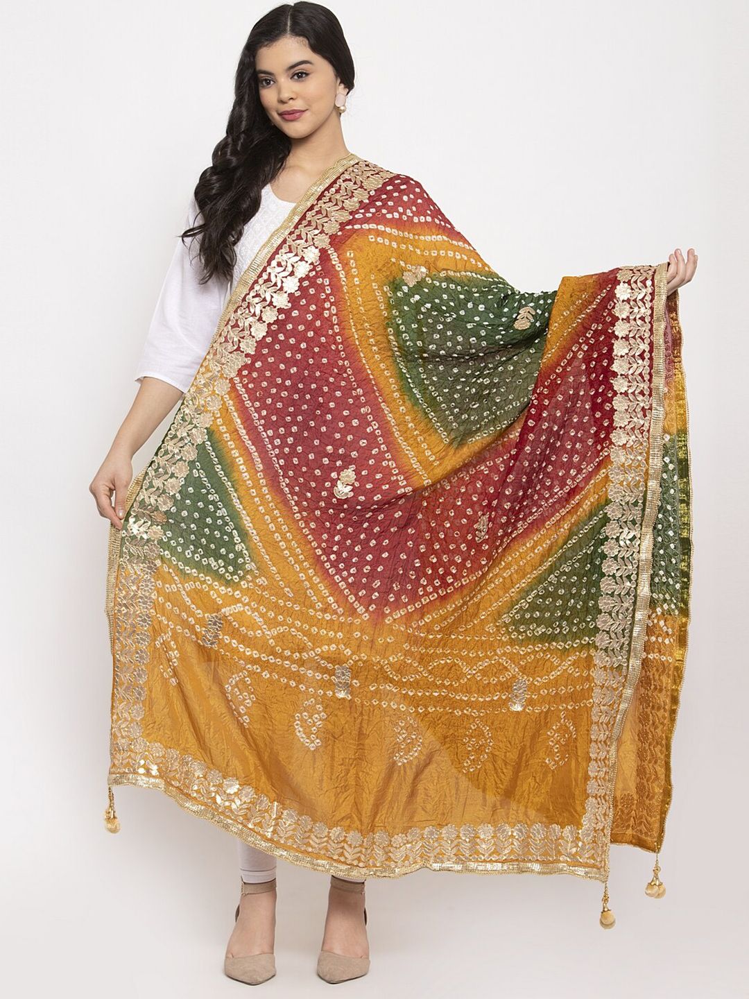 Clora Creation Mustard & Maroon Bandhani Printed Dupatta with Gotta Patti Border Price in India