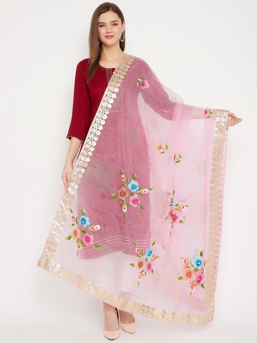 Clora Creation Pink & Blue Floral Printed Organza Dupatta with Gotta Patti Border Detail Price in India