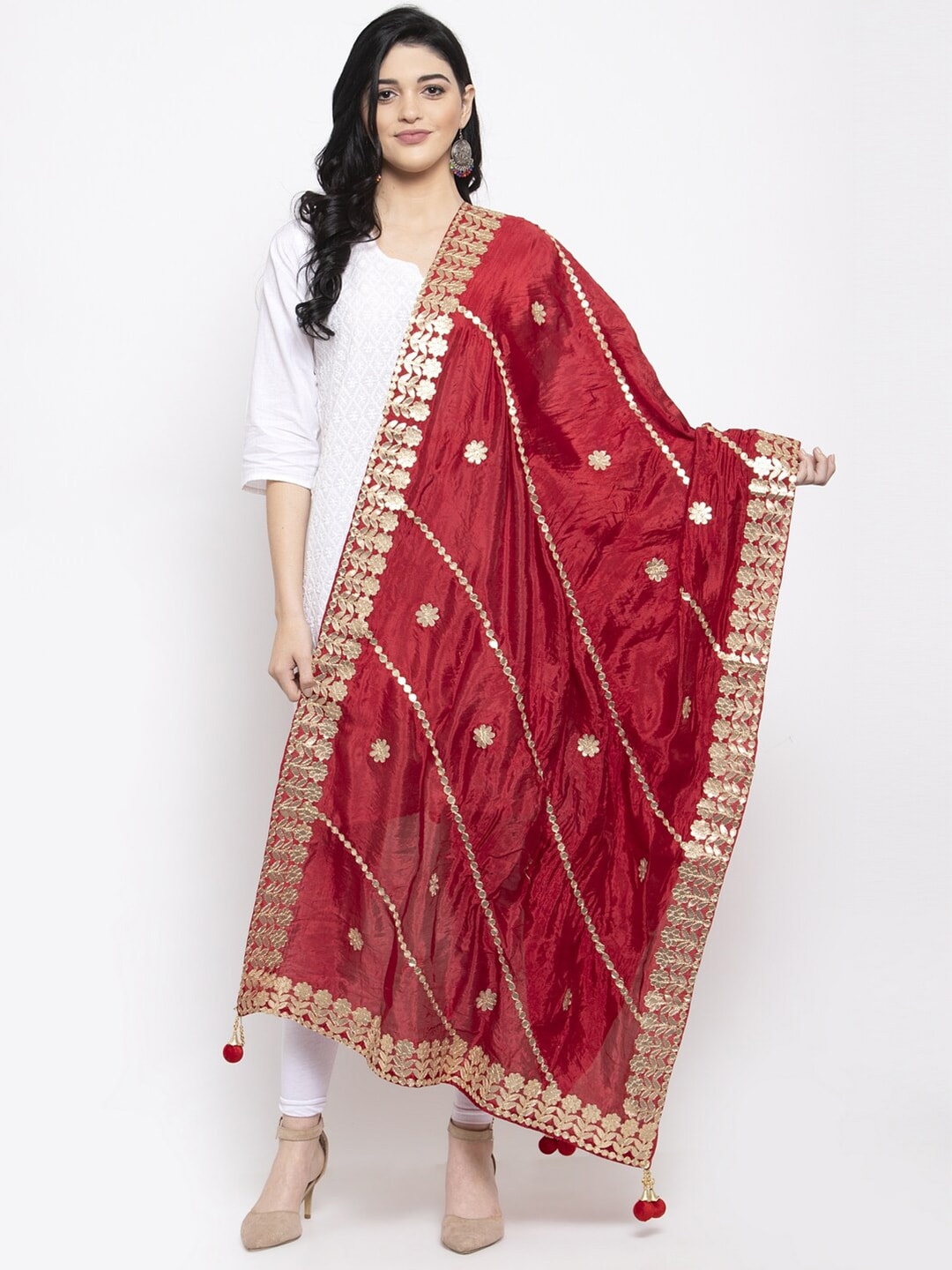 Clora Creation Maroon & Gold Embroidered Dupatta with Gotta Patti Details Price in India