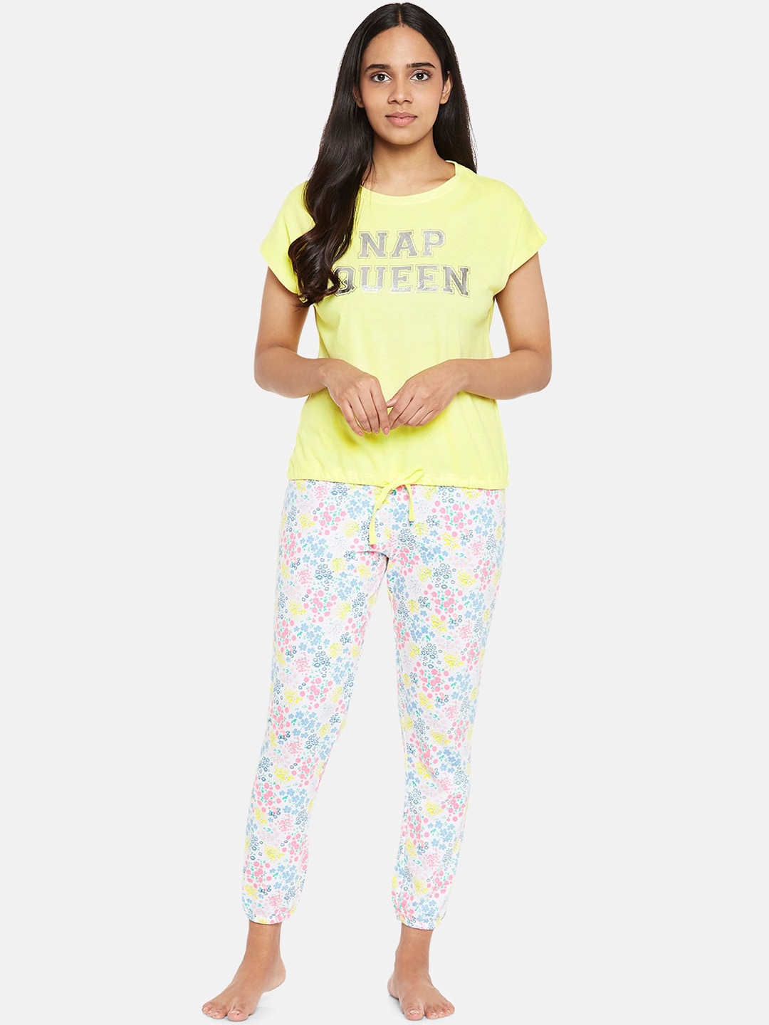 People Women Yellow & Off White Floral Printed Top & Pyjama Night suit Price in India