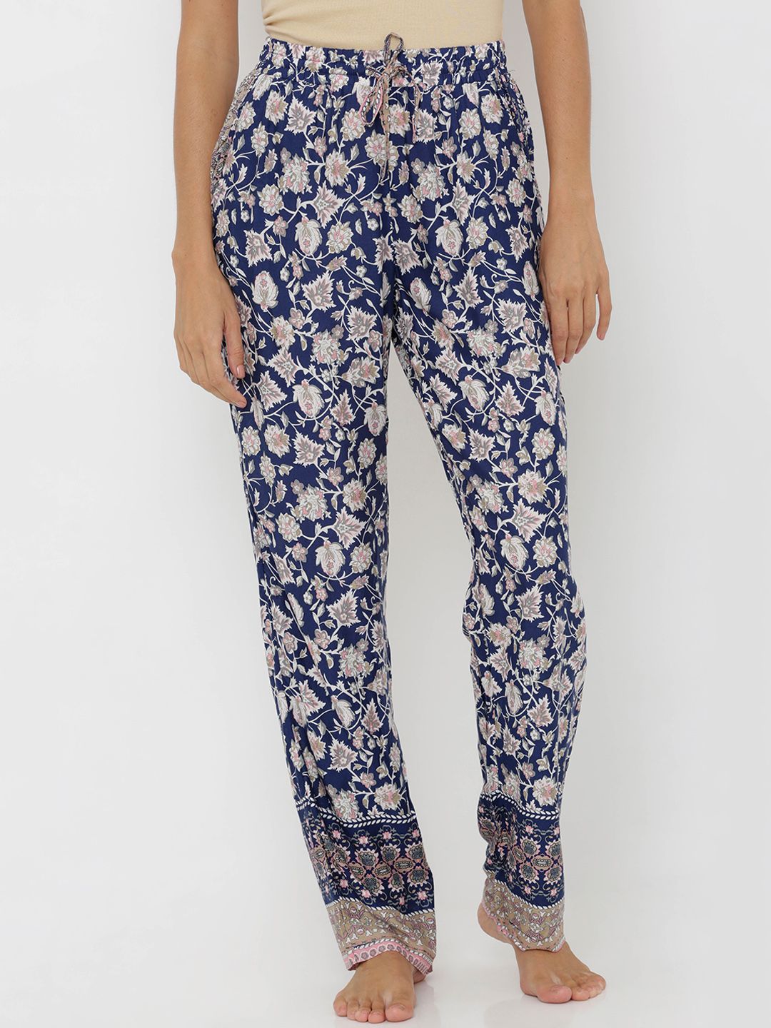 Candour London Women Blue & White Printed Lounge Pants Price in India