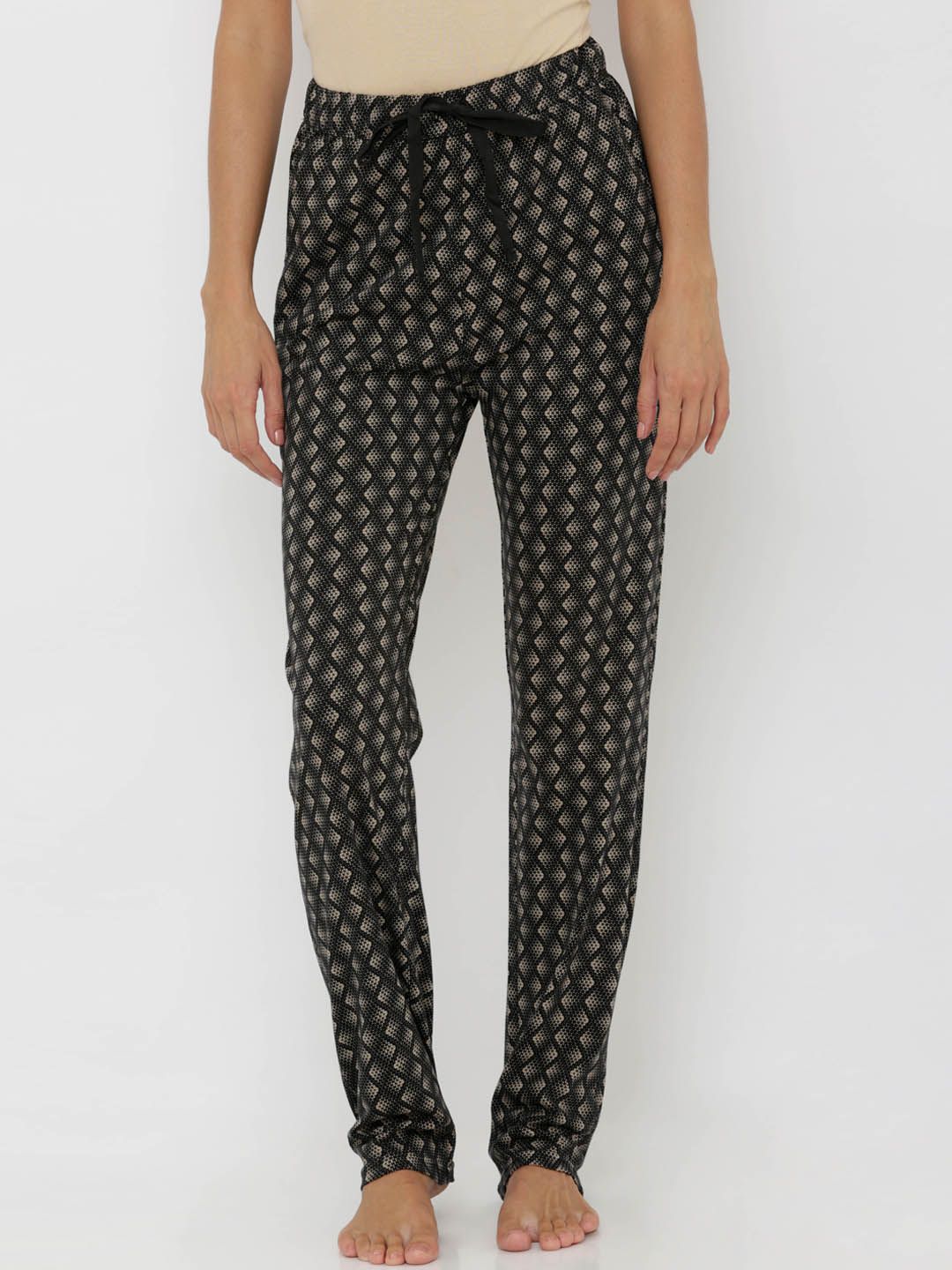 Candour London Women Black & Beige Printed Pure Cotton Lounge Pants Price in India