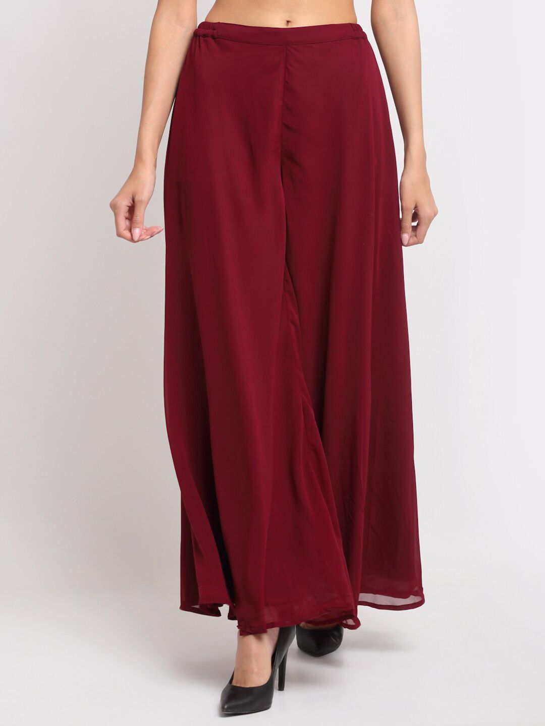 Just Wow Women Maroon Flared Knitted Georgette Palazzos