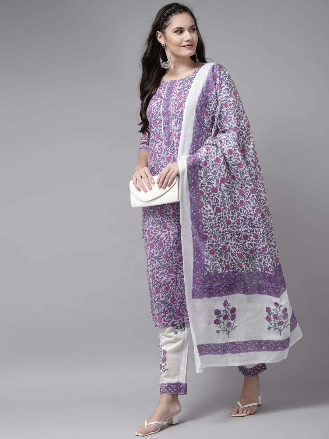 Yufta Women Lavender & White Ethnic Motifs Printed Kurta with Trousers & Dupatta Price in India