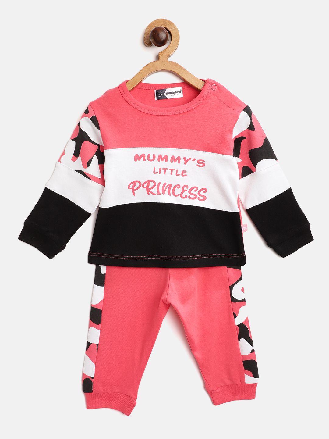 Moms Love Infant Girls Pink & White Colourblocked Printed Detail Cotton Clothing Set