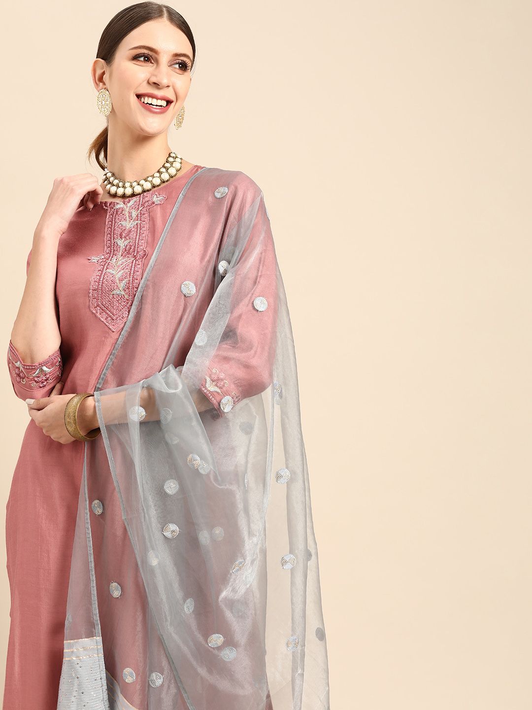 Anouk Women Pink & Blue Ethnic Motifs Embroidered Kurta with Trousers & With Dupatta Price in India