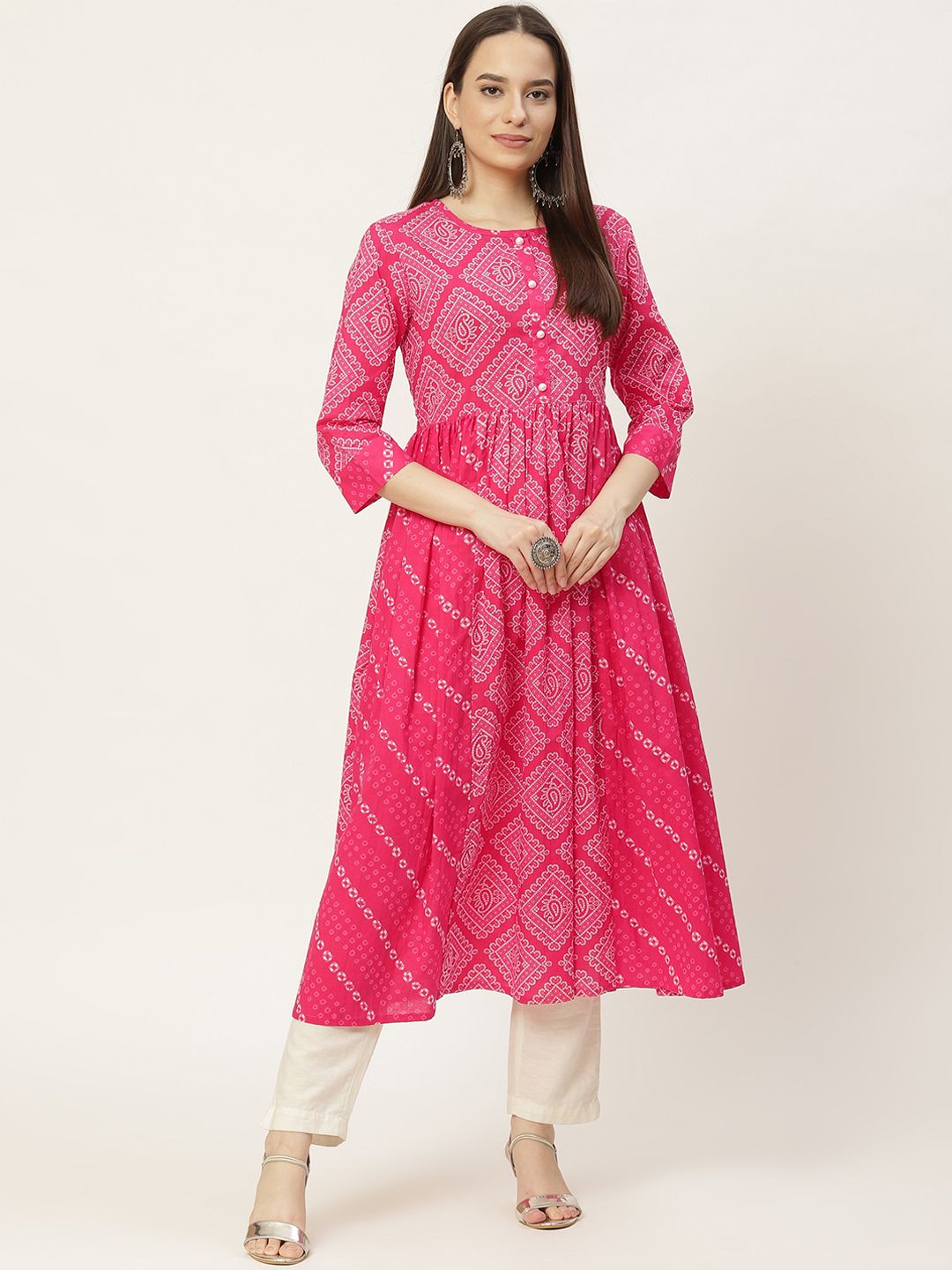 FABRIC FITOOR Women Pink Bandhani Printed Anarkali Kurta Price in India