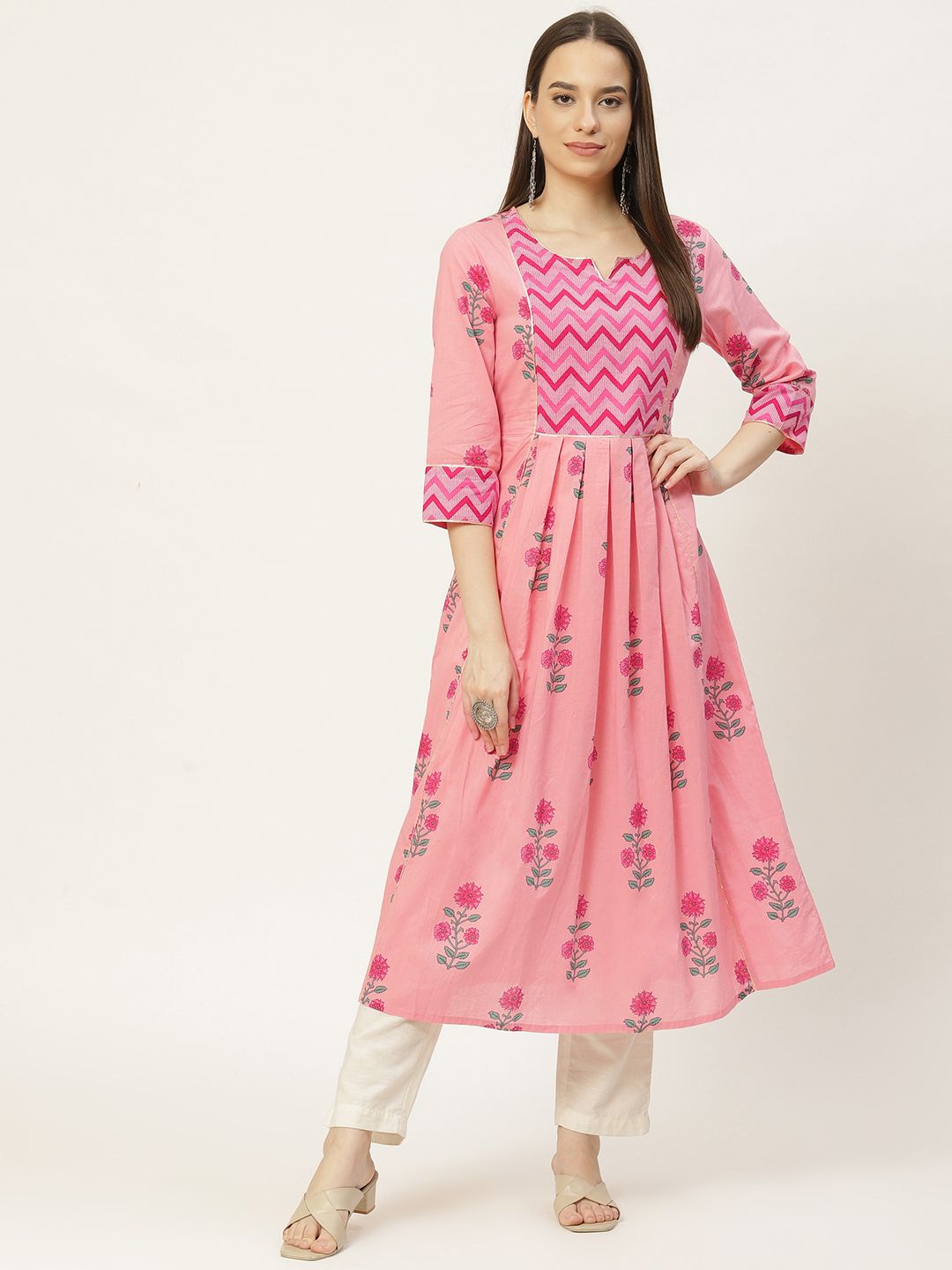 FABRIC FITOOR Women Pink Ethnic Motifs Printed Anarkali Kurta Price in India