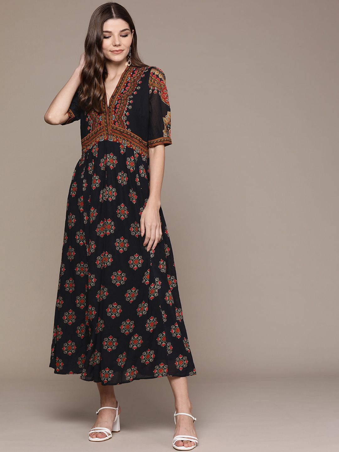Ritu Kumar Black Floral Ethnic A-Line Maxi Dress