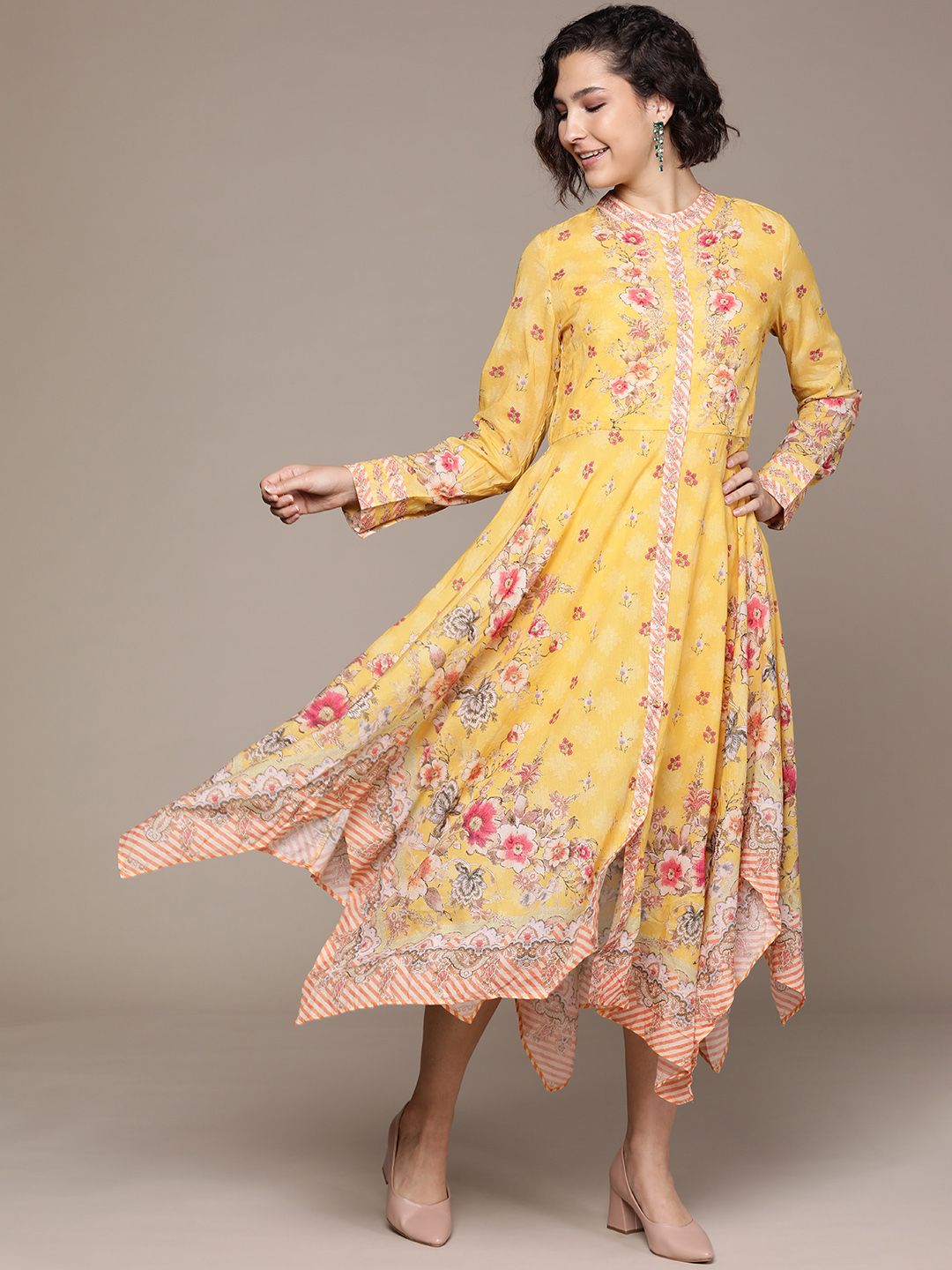 Ritu Kumar Yellow Floral Ethnic A-Line Dress Price in India