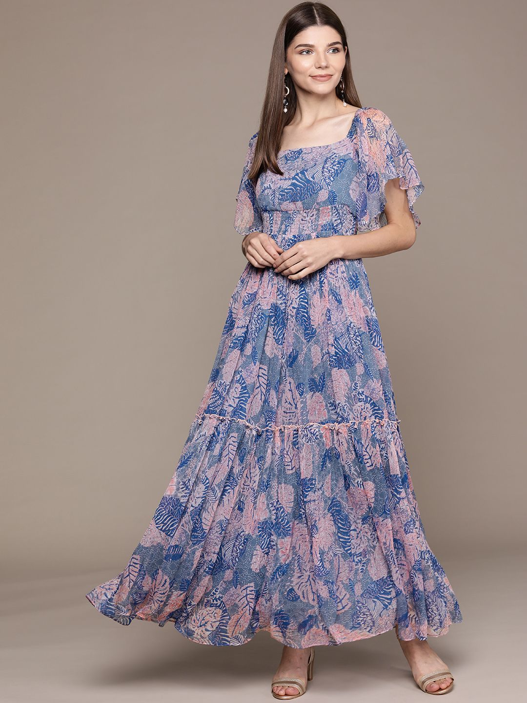 Label Ritu Kumar Blue Floral Chiffon Maxi Dress Price in India