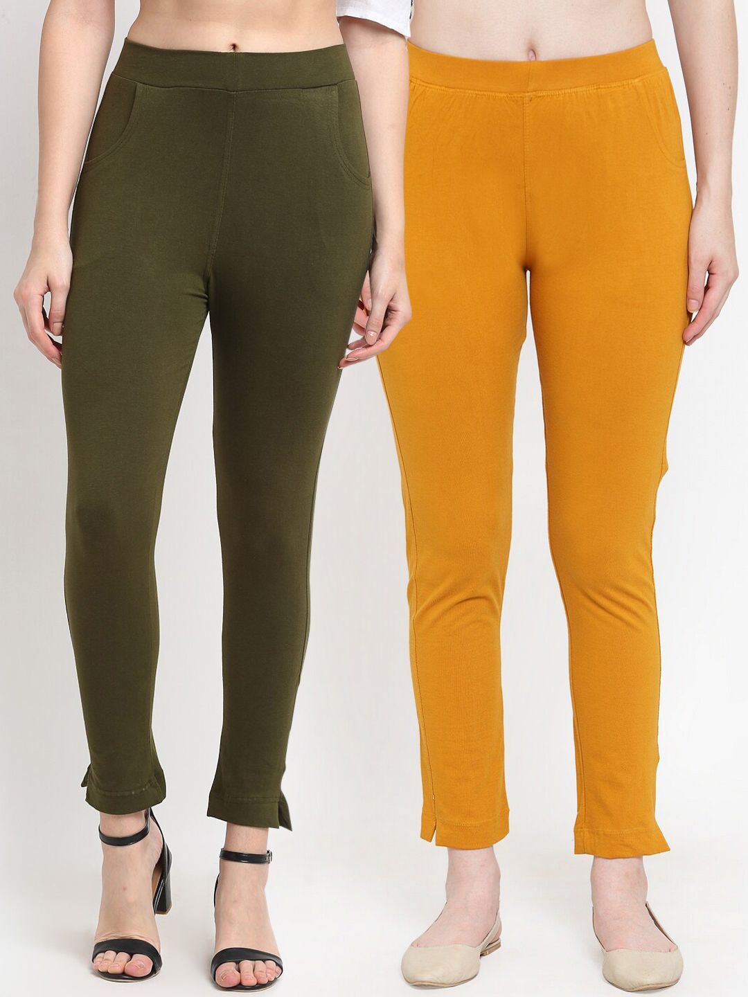 TAG 7 Women Olive Green & Mustard Yellow Pack of 2 Leggings Price in India