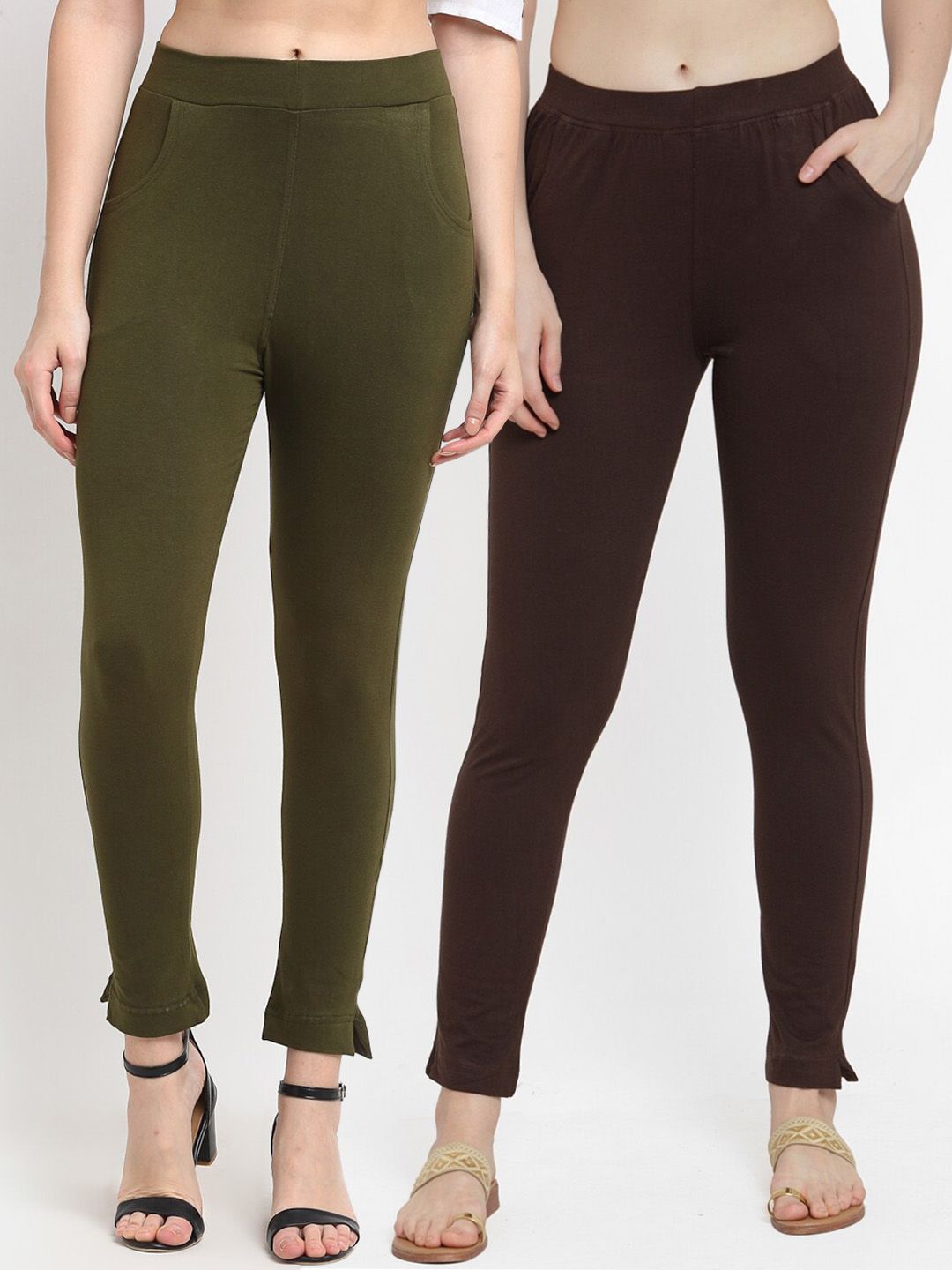 TAG 7 Women Olive Green & Brown Pack of 2 Leggings Price in India
