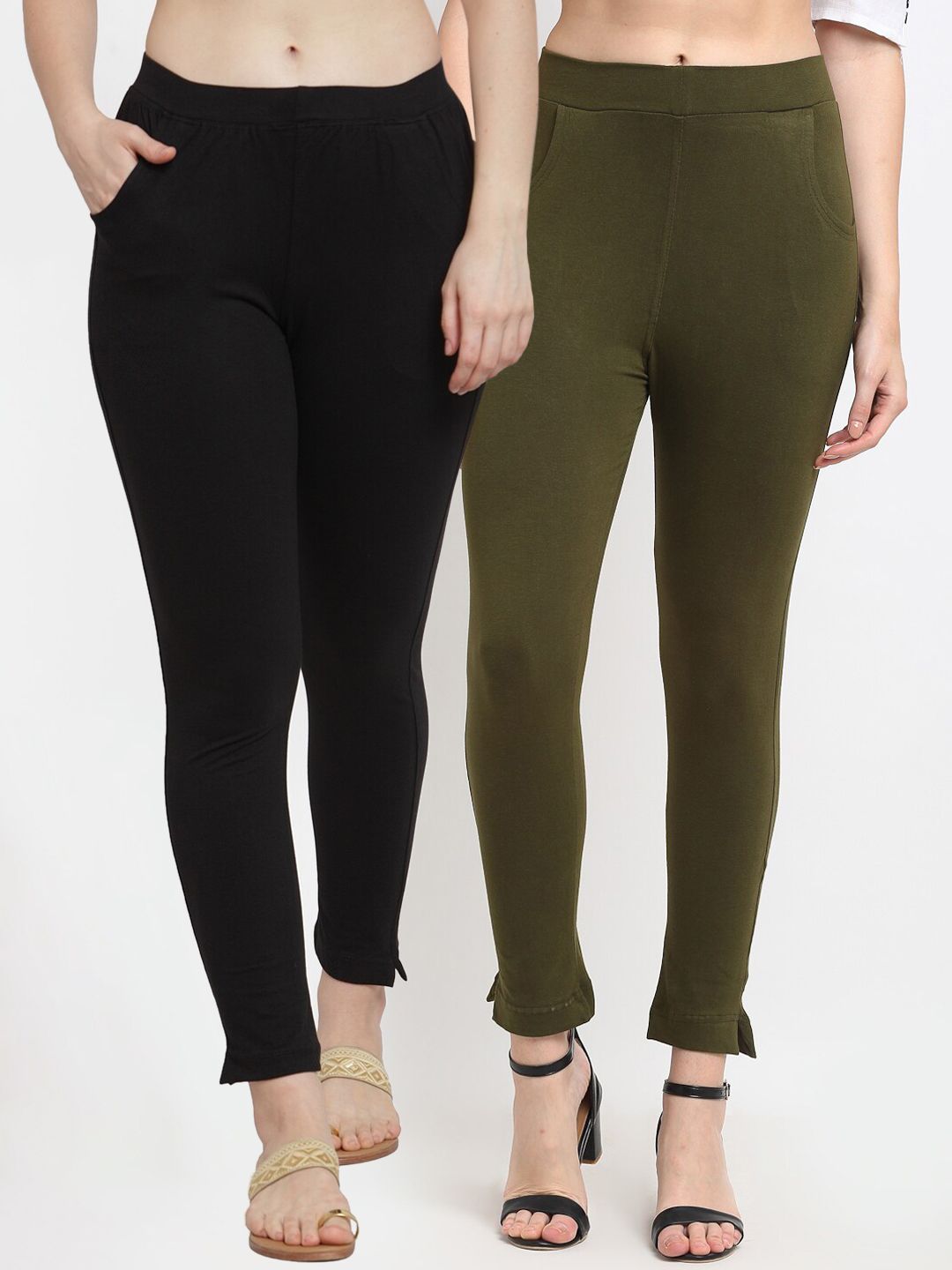 TAG 7 WOMEN Olive Green & Black Pack of 2 Leggings Price in India
