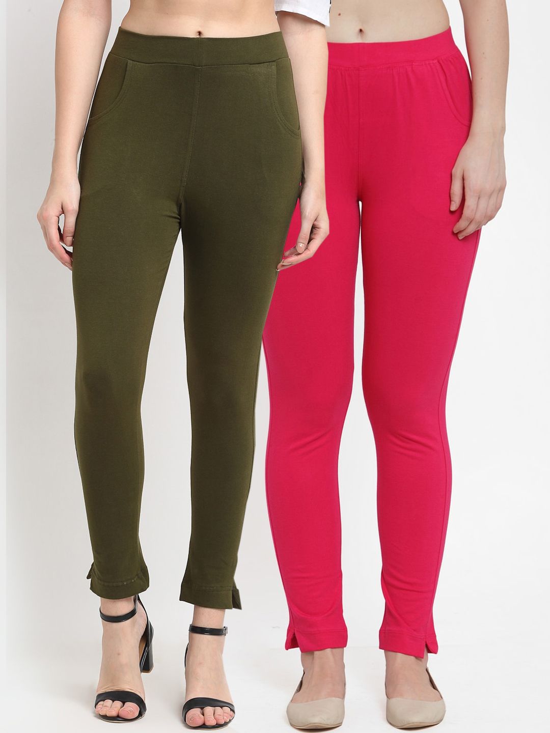 TAG 7 Women Olive Green & Magenta Pack of 2 Leggings Price in India