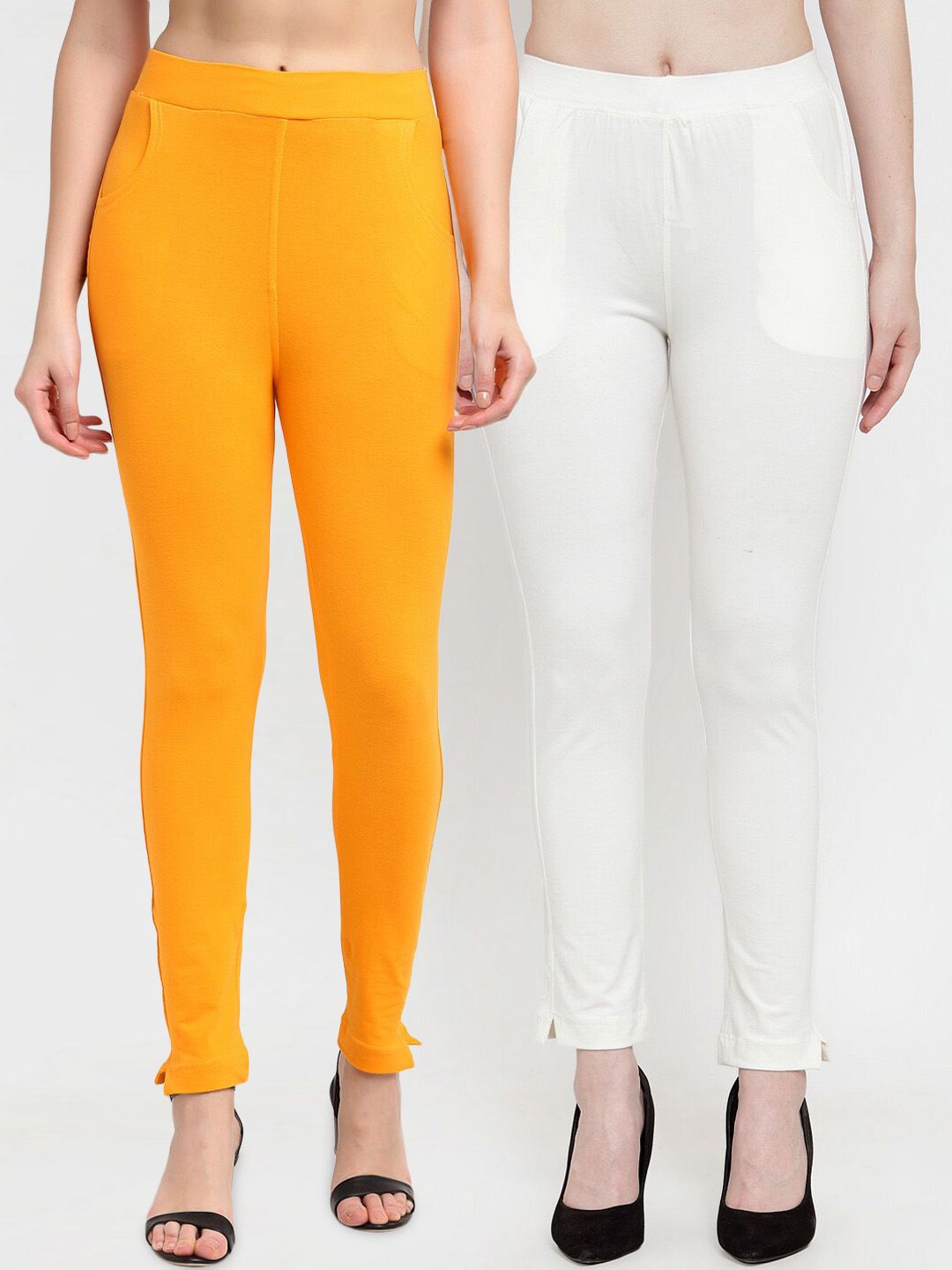 TAG 7 Women Yellow & Off-White Pack of 2 Leggings Price in India