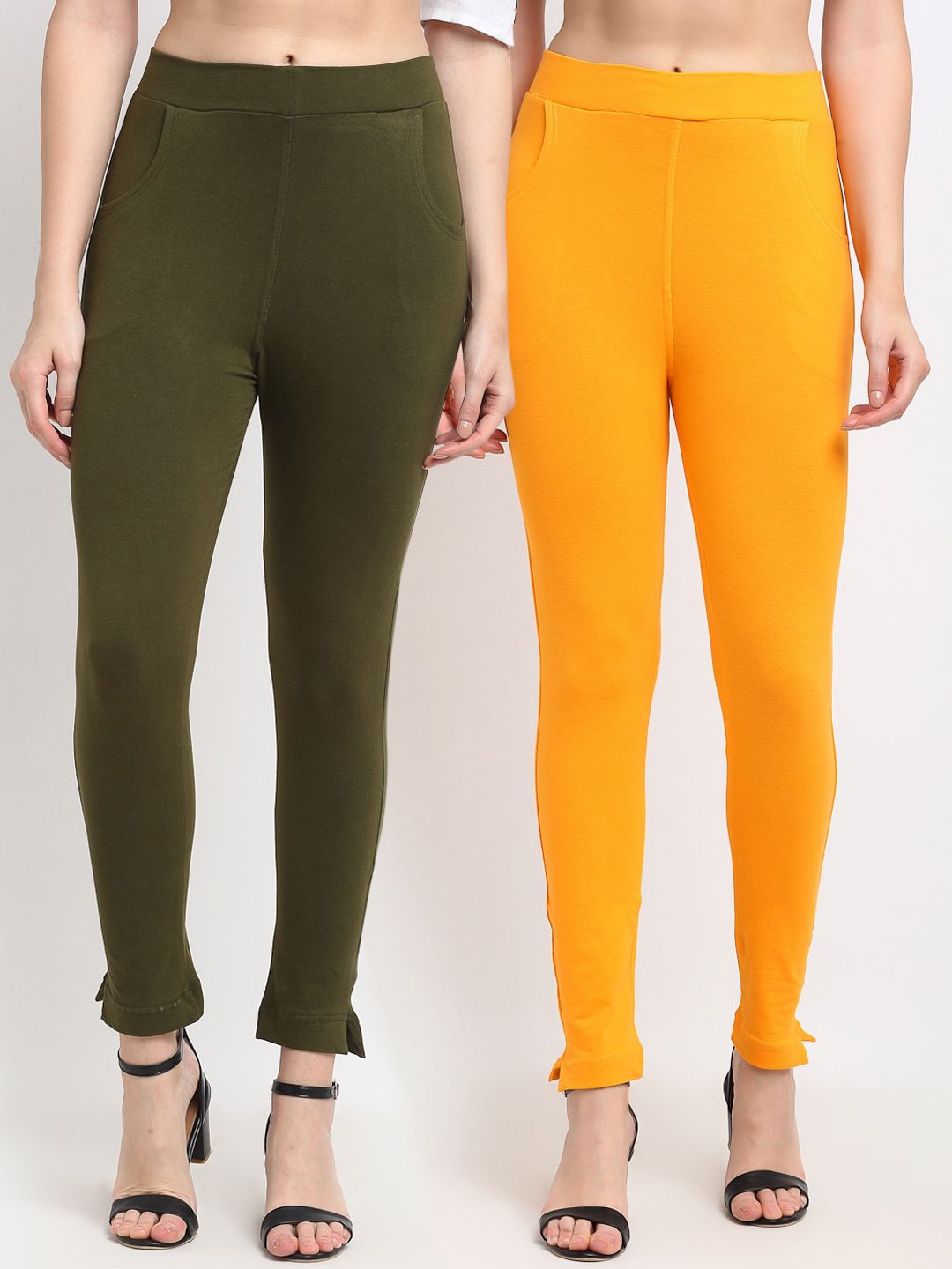 TAG 7 Women Olive Green & Yellow Pack of 2 Leggings Price in India