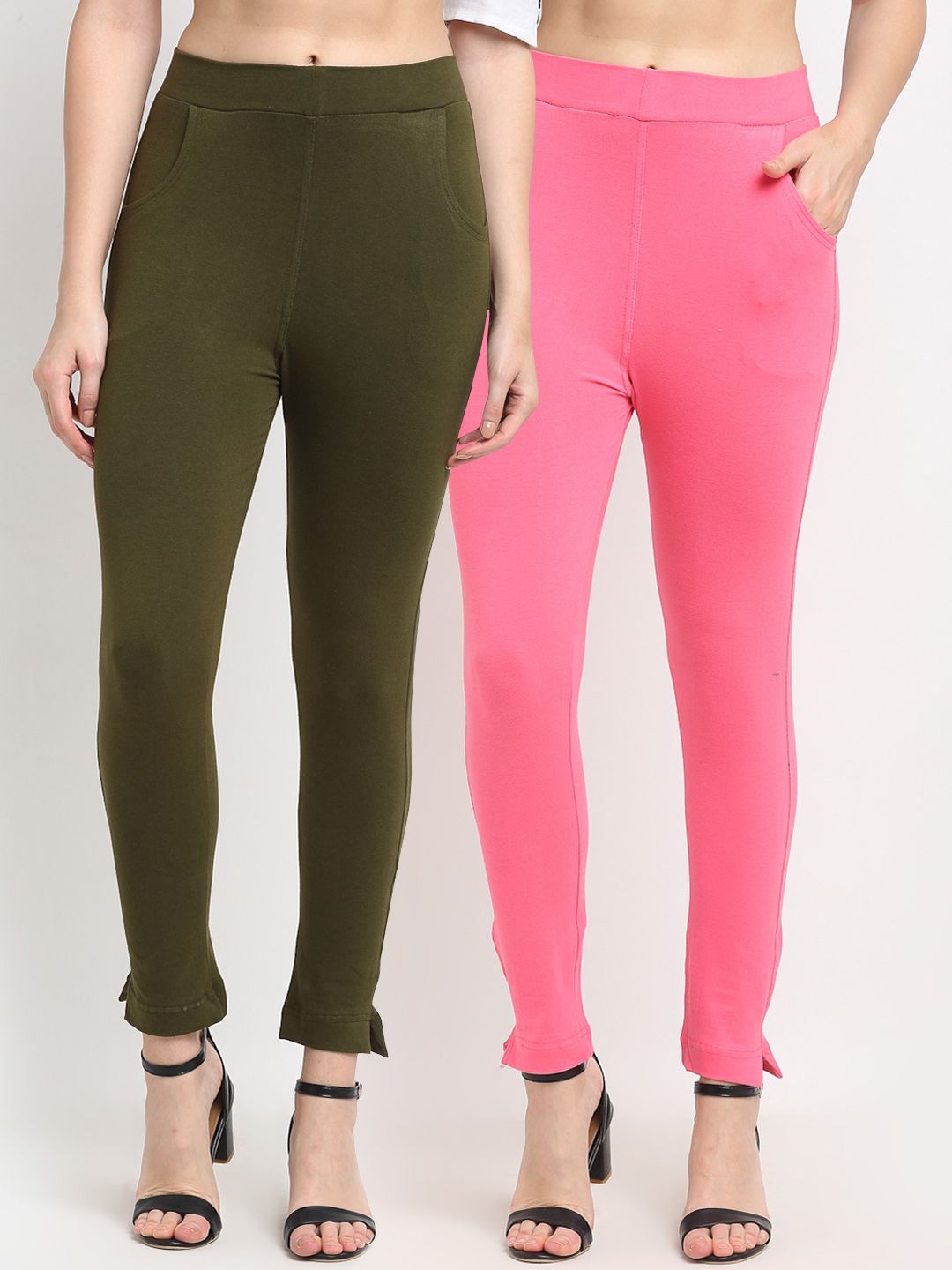TAG 7 WOMEN Olive Green & Pink Pack of 2 Leggings Price in India