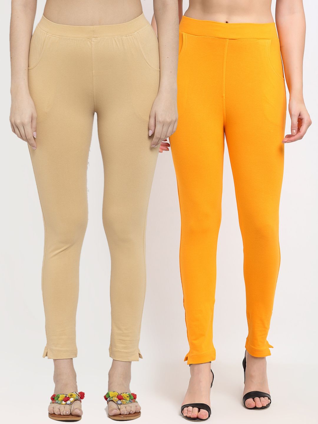 TAG 7 Women Yellow & Beige Pack of 2 Leggings Price in India