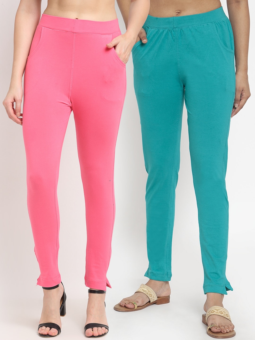TAG 7 Women Pink & Turquoise Blue Pack of 2 Leggings Price in India