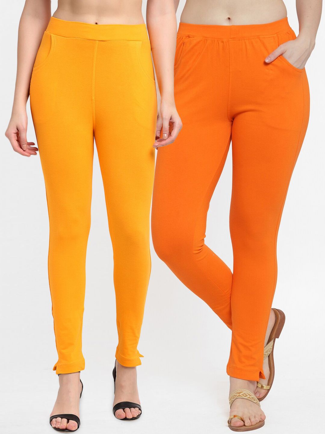 TAG 7 Women Yellow & Orange Pack of 2 Leggings Price in India