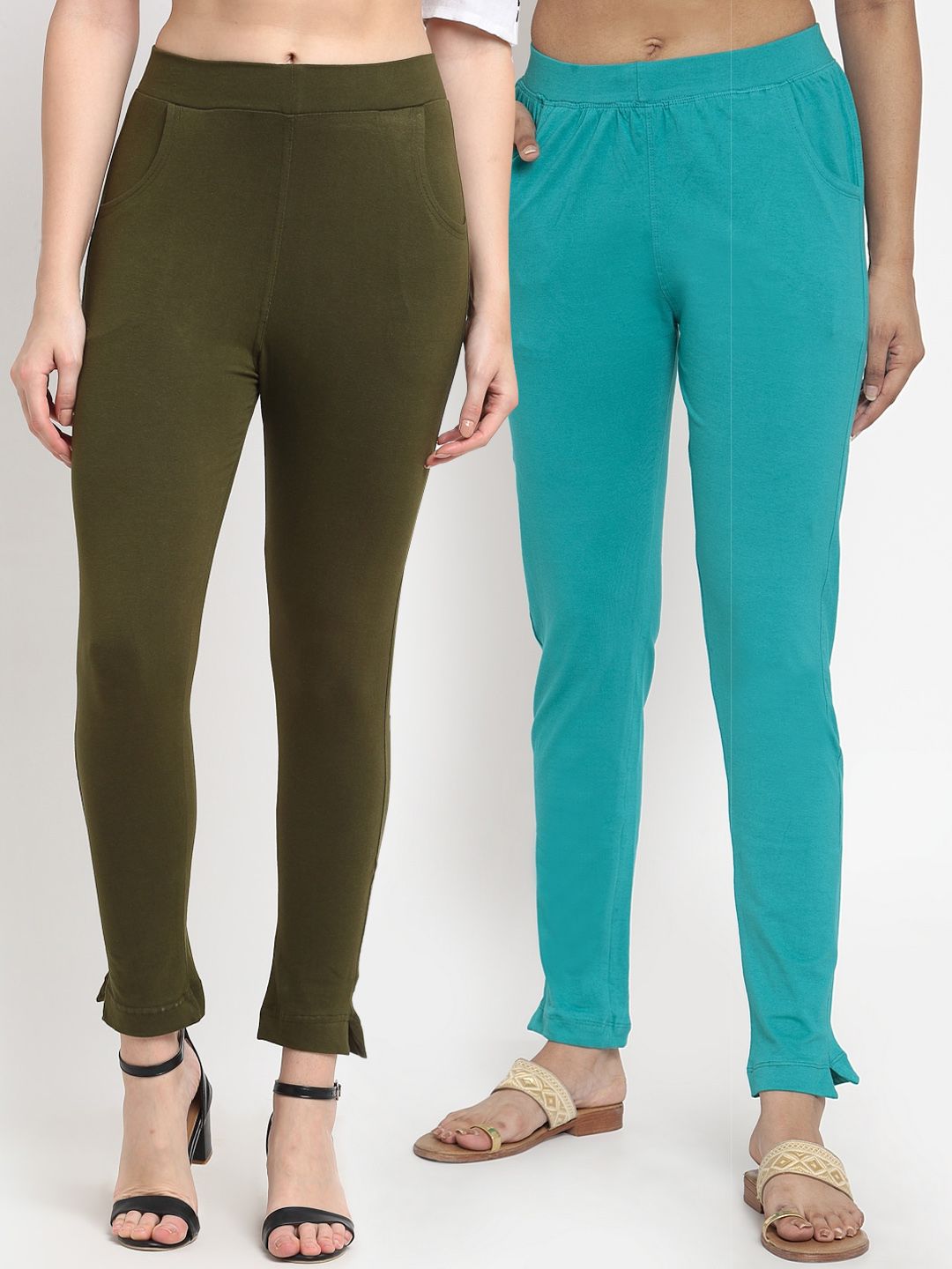 TAG 7 Women Olive Green & Turquoise Blue Pack of 2 Leggings Price in India