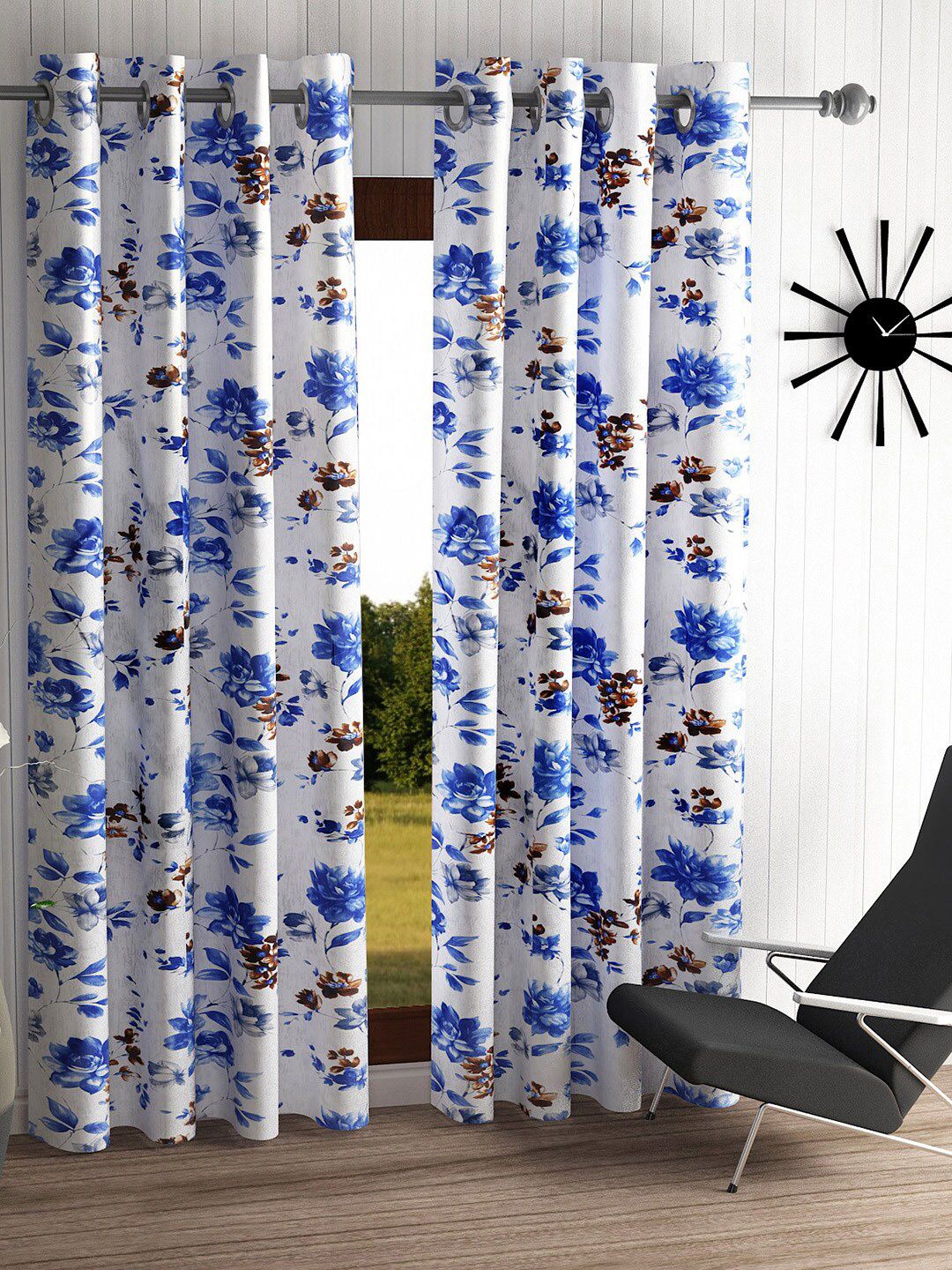 Home Sizzler White & Blue Set of 2 Floral Long Door Curtain Price in India