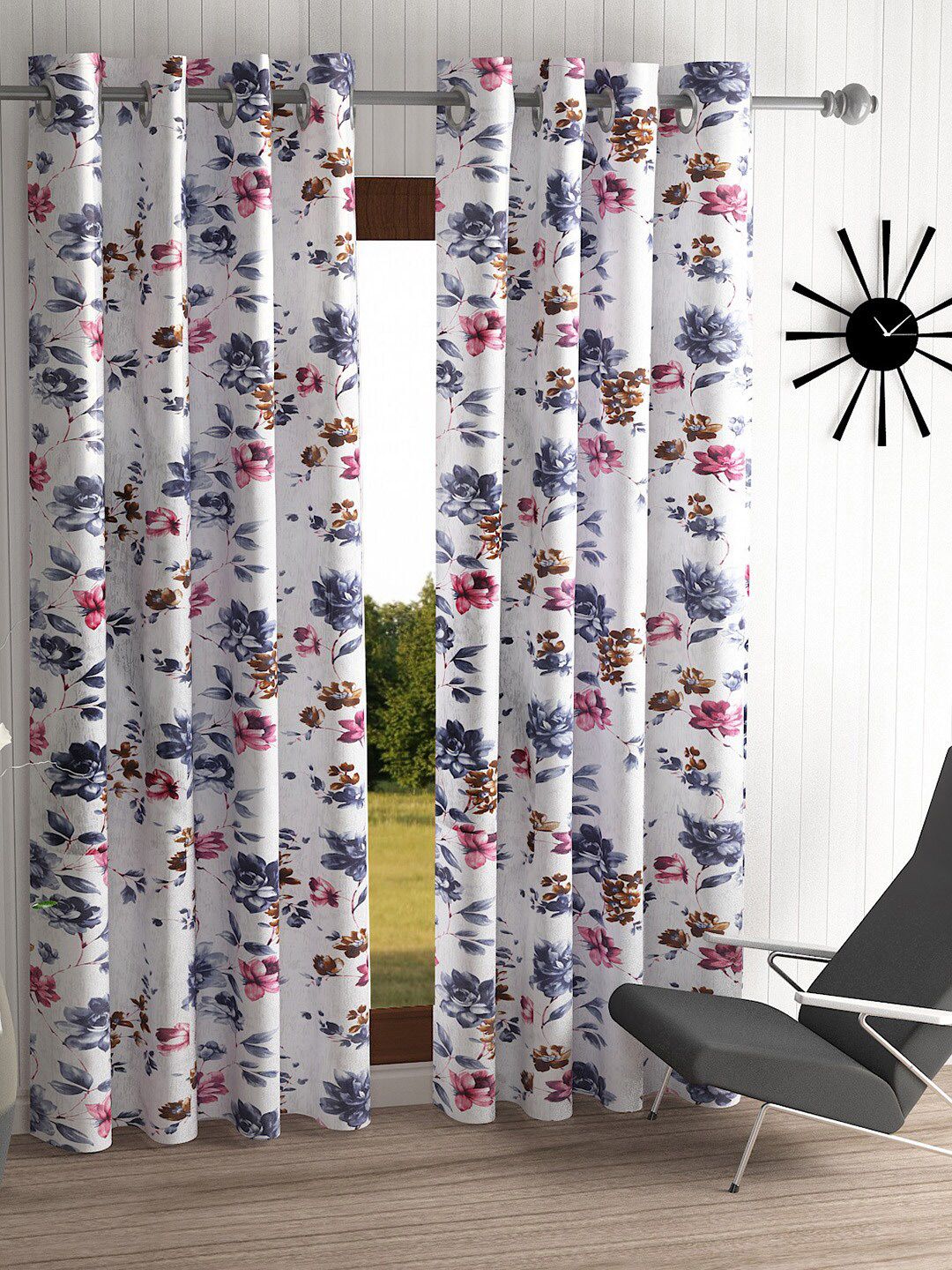 Home Sizzler Off White & Grey Set of 2 Floral Long Door Curtain Price in India