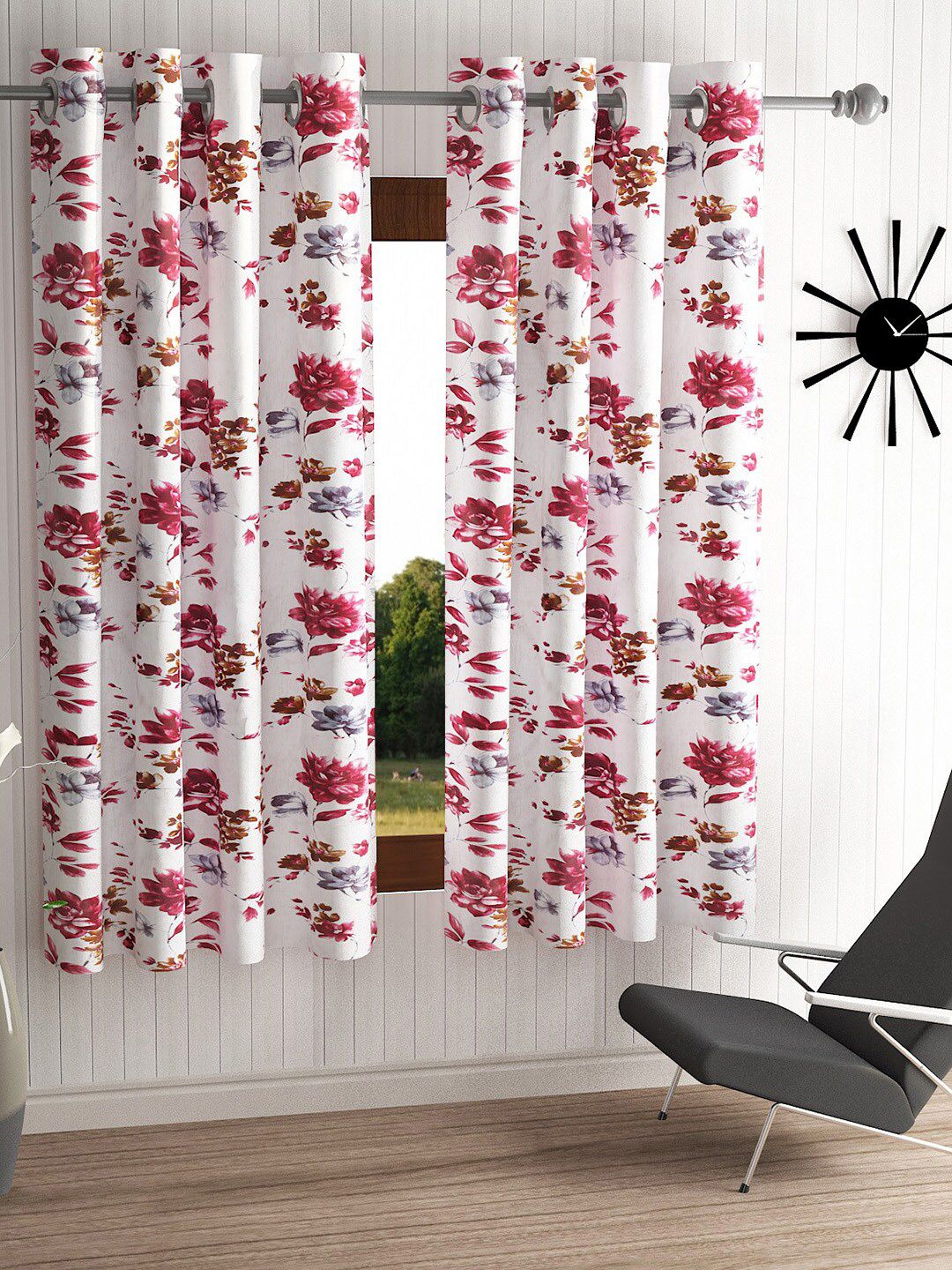 Home Sizzler Off White & Maroon Set of 2 Floral Window Curtain Price in India