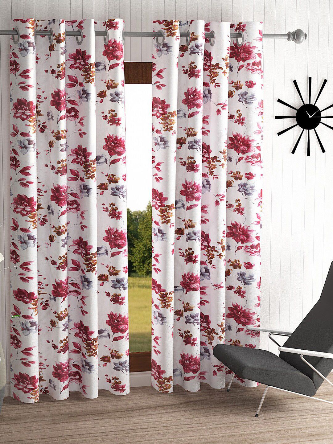 Home Sizzler Off White & Red Set of 2 Floral Door Curtain Price in India