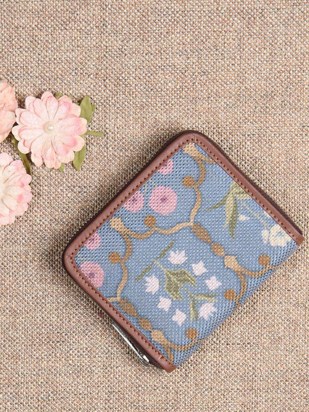 ZOUK Women Blue & Brown Floral Printed Zip Detail Zip Around Wallet Price in India