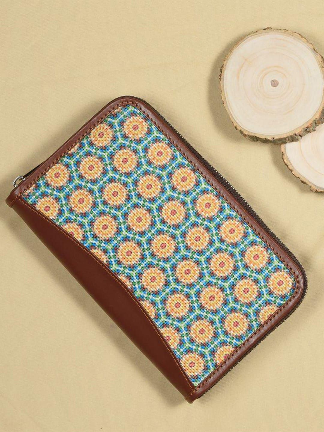 ZOUK Women Blue & Brown Geometric Printed Zip Around Wallet Price in India