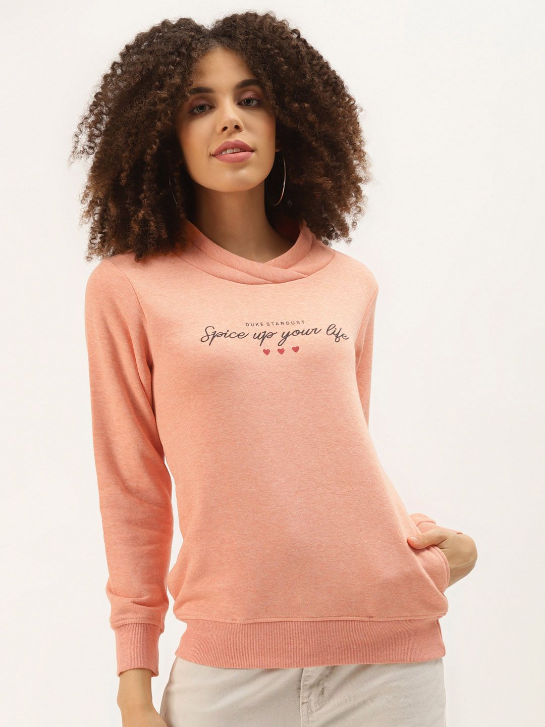 Duke Women Coral Orange Typographic Print Sweatshirt Price in India