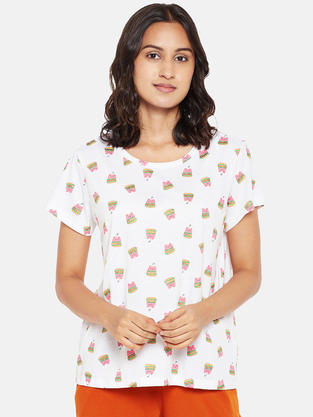 Dreamz by Pantaloons White & Pink Printed Pure Cotton Regular Lounge tshirt Price in India