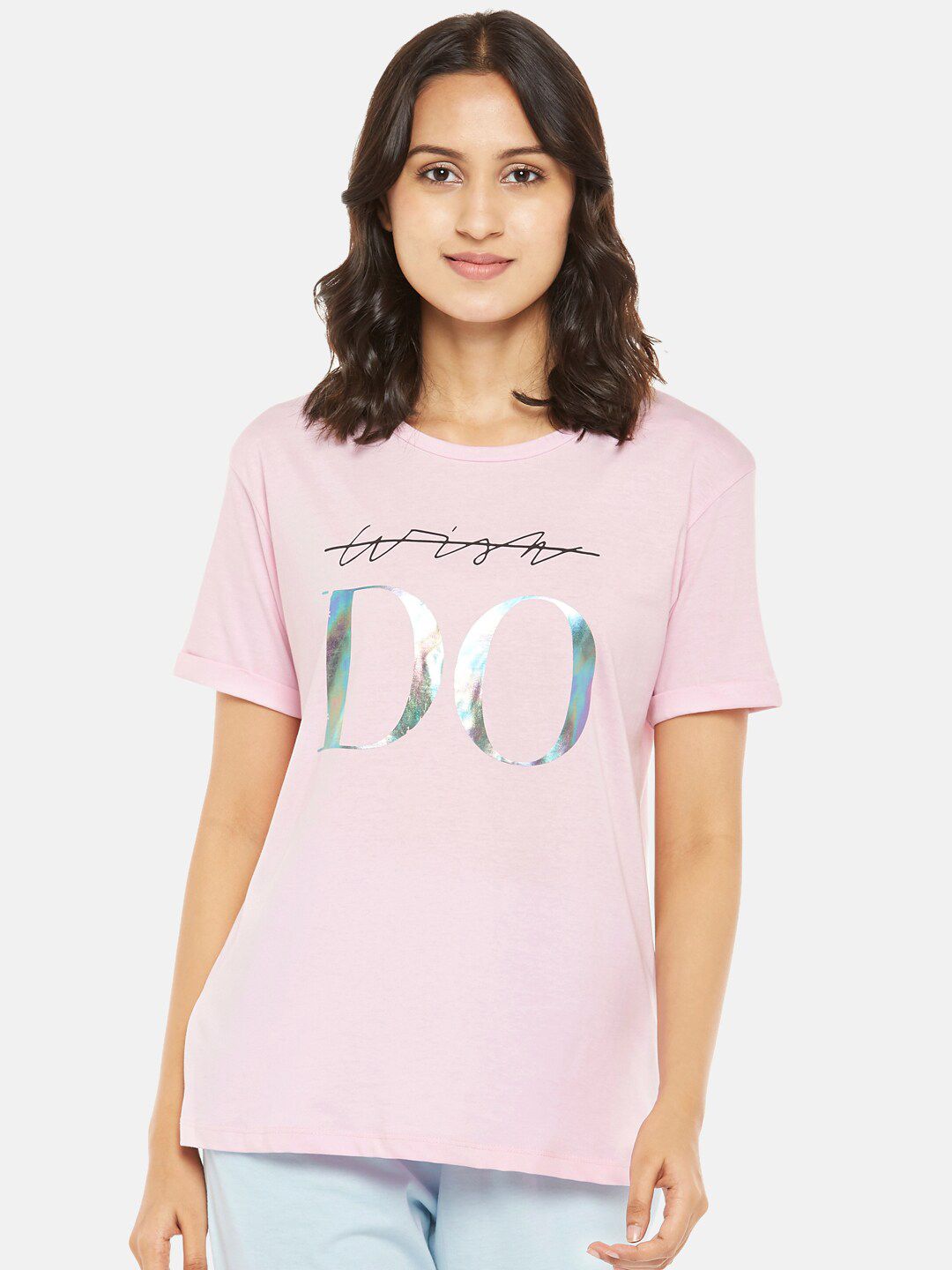 Dreamz by Pantaloons Pink & Silver-Toned Printed Pure Cotton Regular Lounge tshirt Price in India