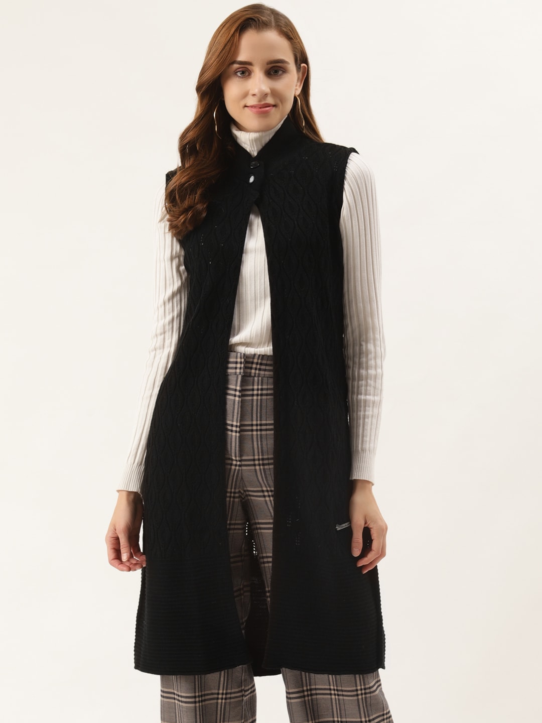 Duke Women Black Woollen Self-Design Longline Front-Open Sweater Price in India