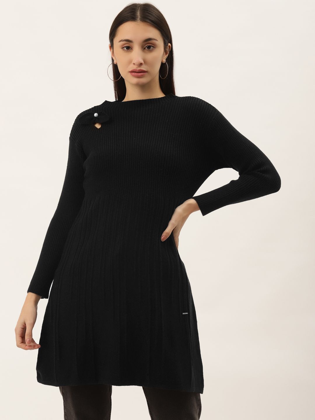 Duke Women Black Self Striped Longline Wool Pullover Price in India
