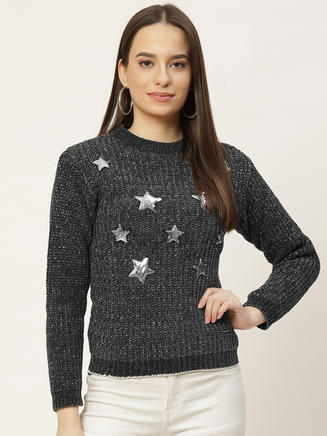 Duke Women Charcoal Grey & Silver Cable Knit Pullover with Embellished Detail Price in India