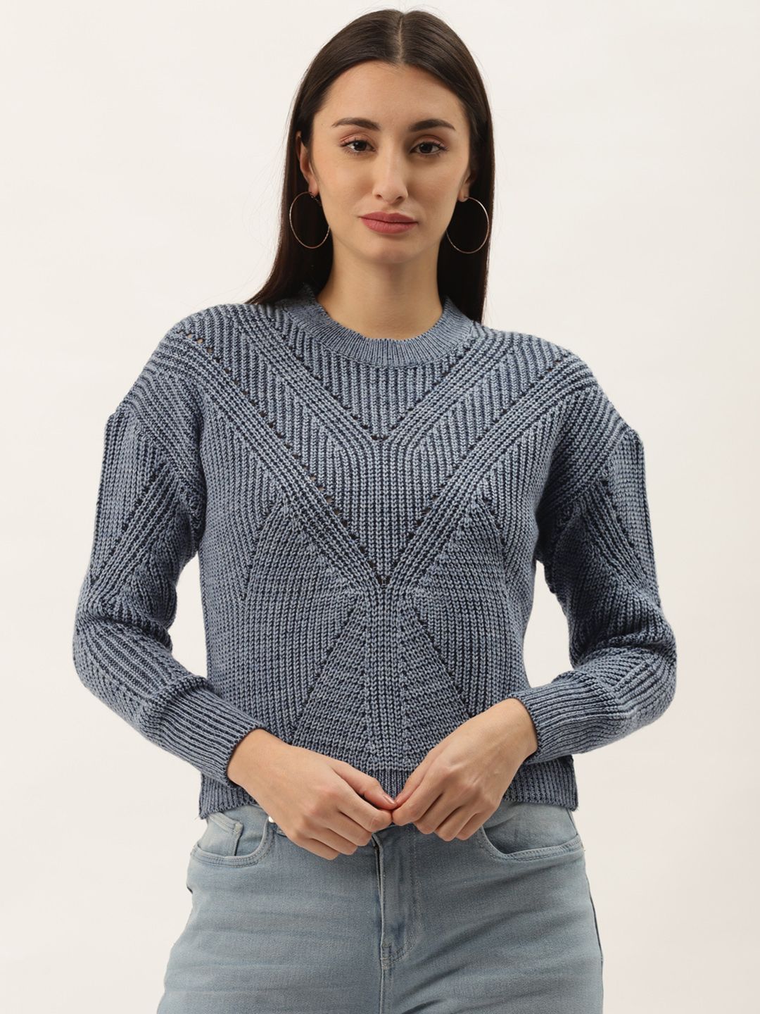 Duke Women Blue Self Design Drop-Shoulder Wool Pullover Price in India