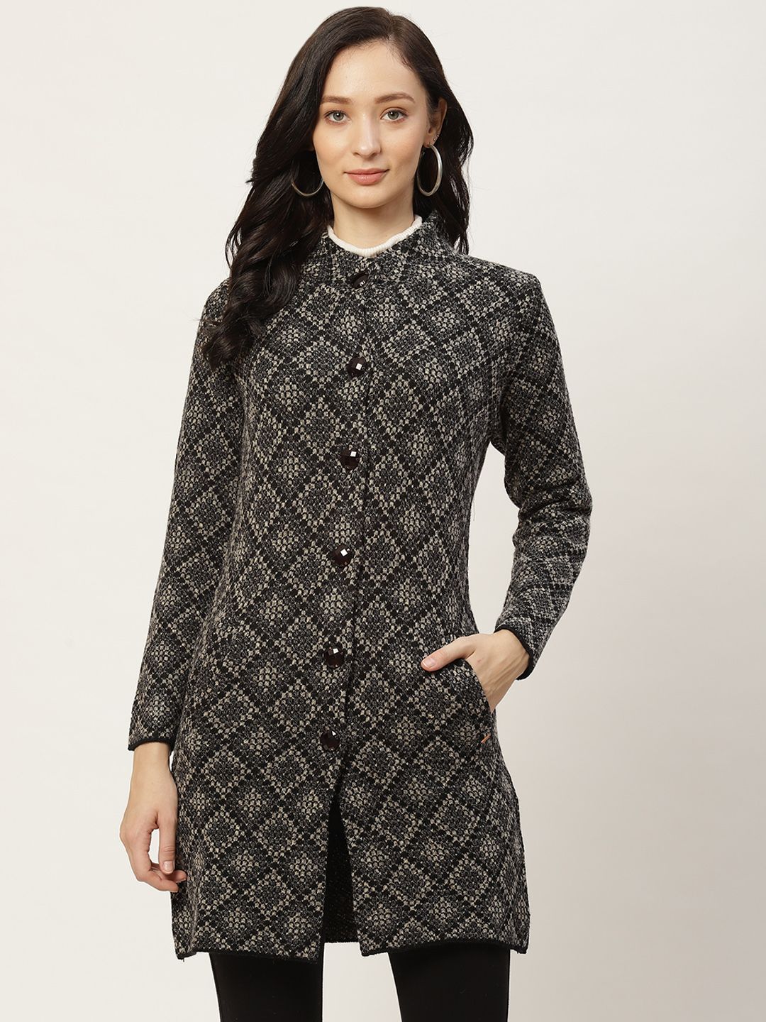 Duke Women Black & Grey Geometric Woven Design Longline Cardigan Price in India