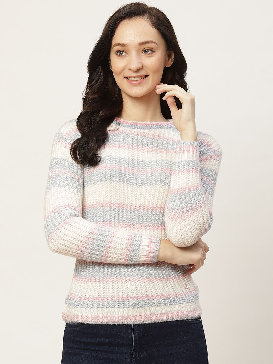 Duke Women White & Blue Woven Striped Pullover Price in India