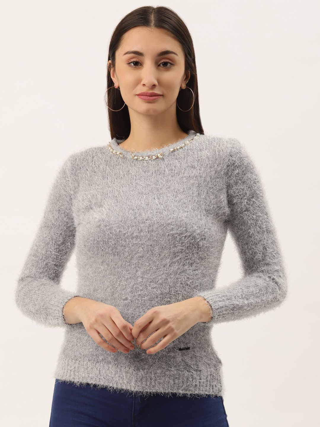 Duke Women Grey Melange Solid Pullover with Embellished Detail Price in India