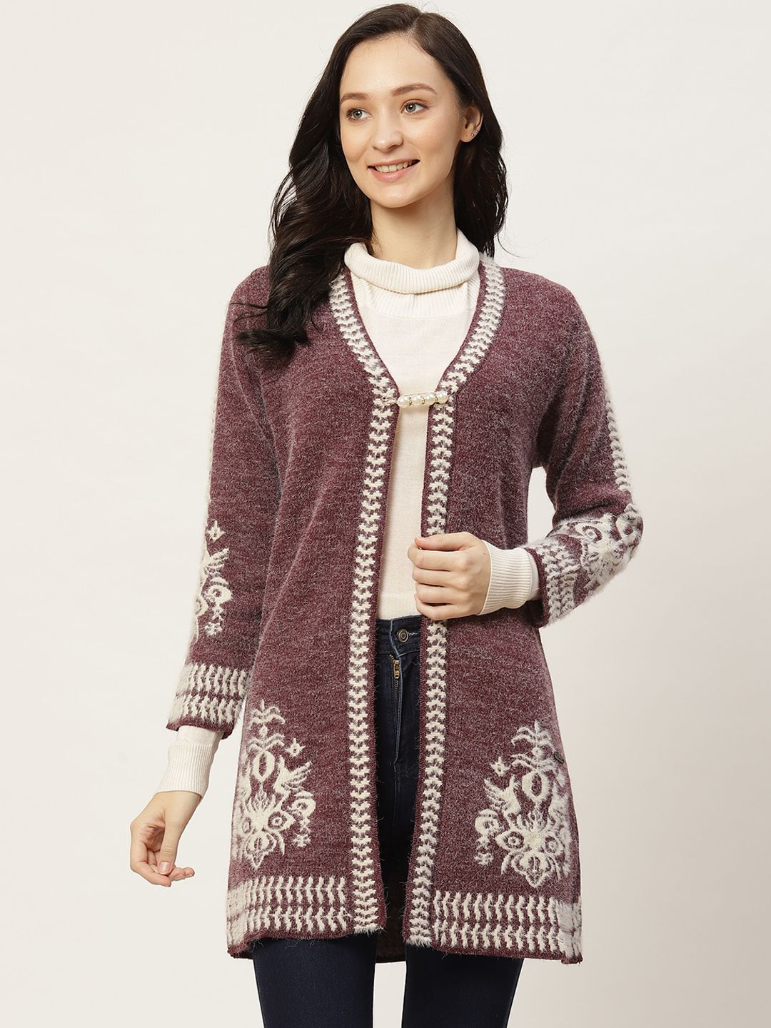 Duke Women Maroon & White Woven Design Longline Open Front Sweater  with Fuzzy Detail Price in India