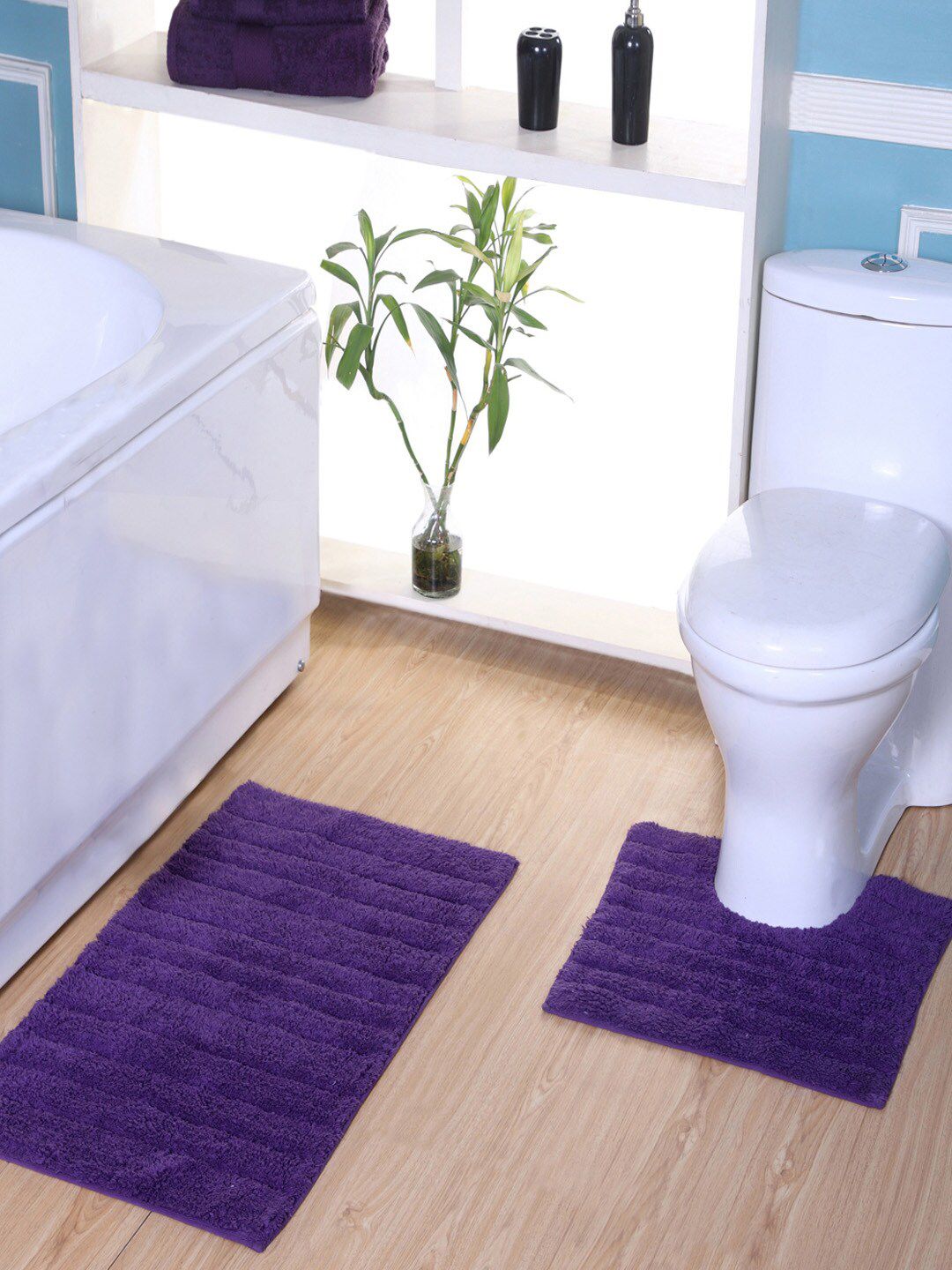 AVI Living Set Of 2 Purple Striped 1500 GSM Pure Cotton Bath Rug & Toilet Mat Price in India