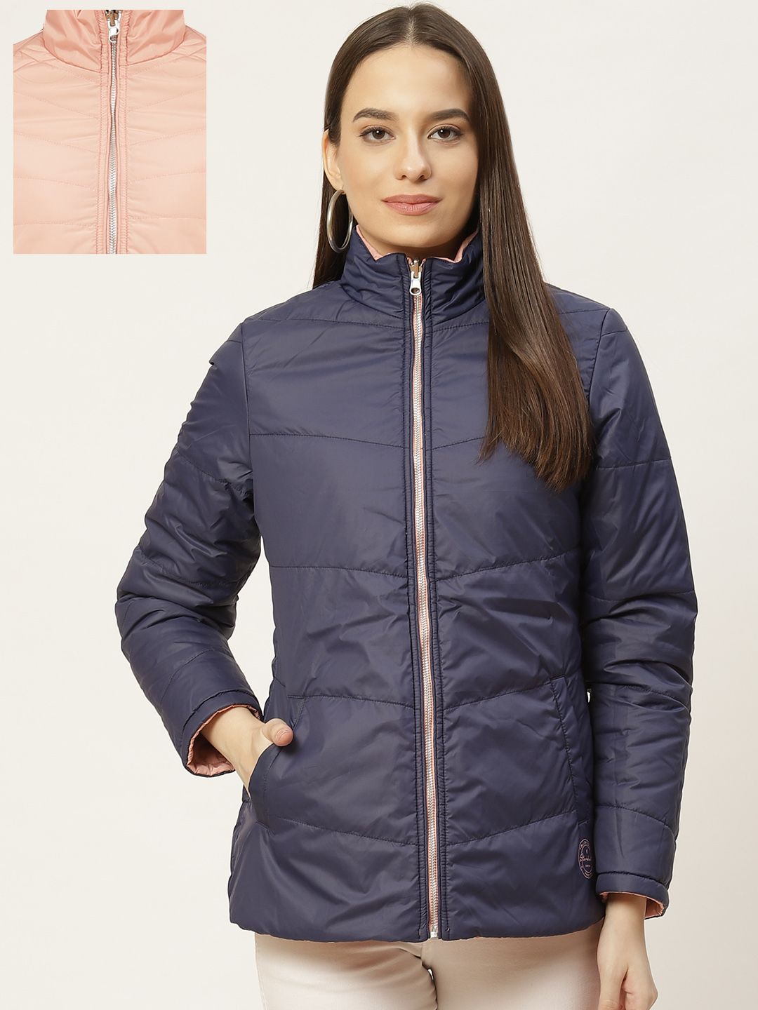 Duke Women Pink & Navy Blue Reversible Padded Jacket Price in India